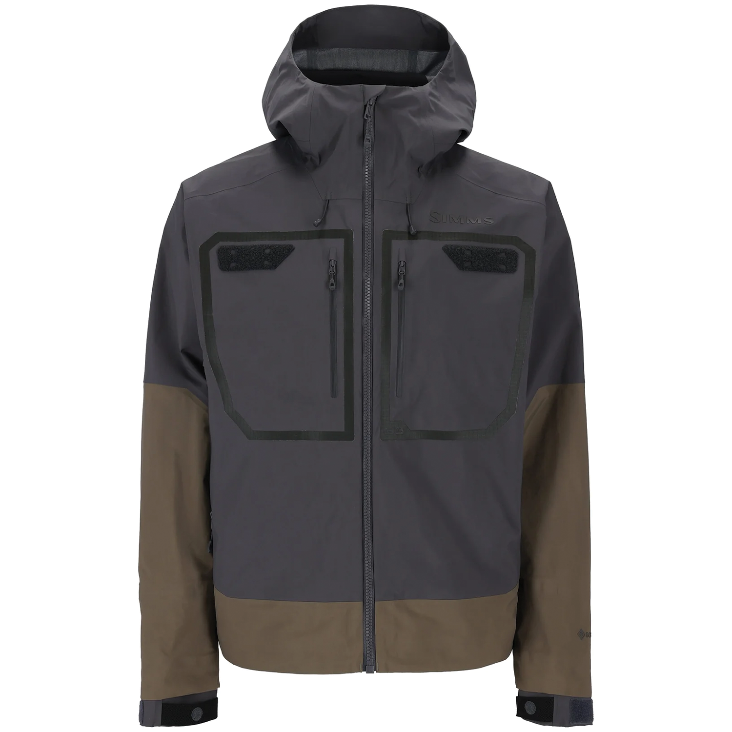 Simms G3 Guide Jacket - Men's (NEW 2026) in dark gray and olive green, featuring a hood, full front zipper, zippered chest pockets, and adjustable wrist cuffs designed for fishing and outdoor activities.