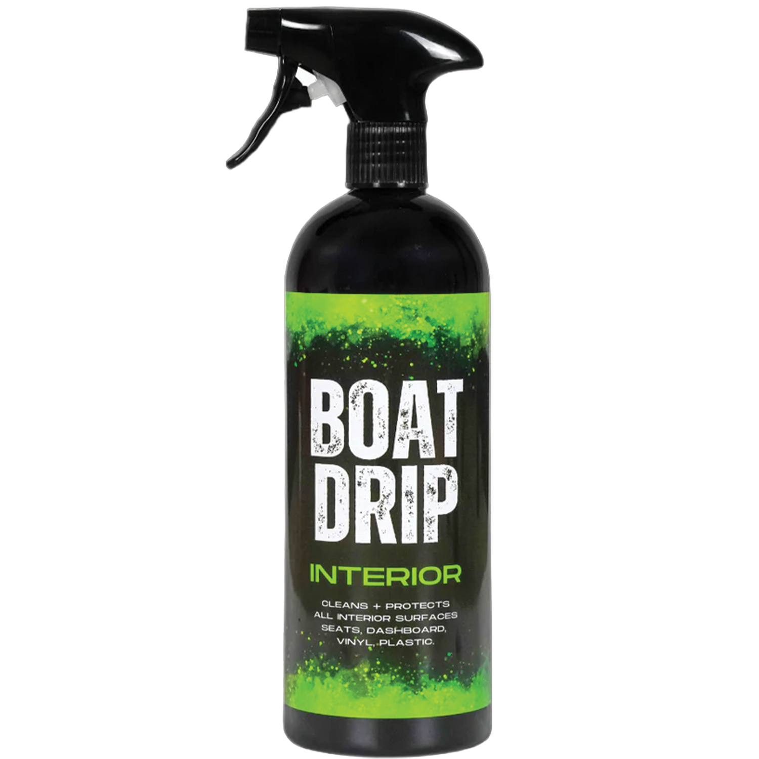 Bottle of Boat Drip Interior spray cleaner and protector for boat interior surfaces, featuring a black trigger spray top and green label detailing uses for seats, dashboard, vinyl, and plastic.
