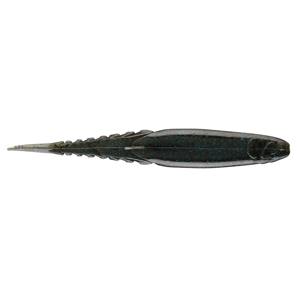 Z-Man Chatterspike fishing lure in dark color with blue speckles, featuring a segmented body and paddle tail designed to attract musky and other freshwater fish.