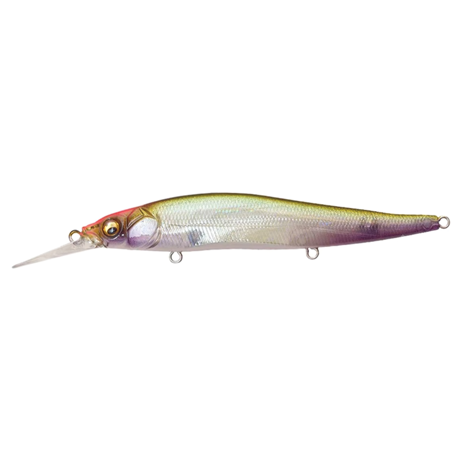 Megabass Vision 110+1 fishing lure with a slender, elongated body featuring a greenish-gold top, silvery sides, and a purple tail, designed for realistic fish movement.