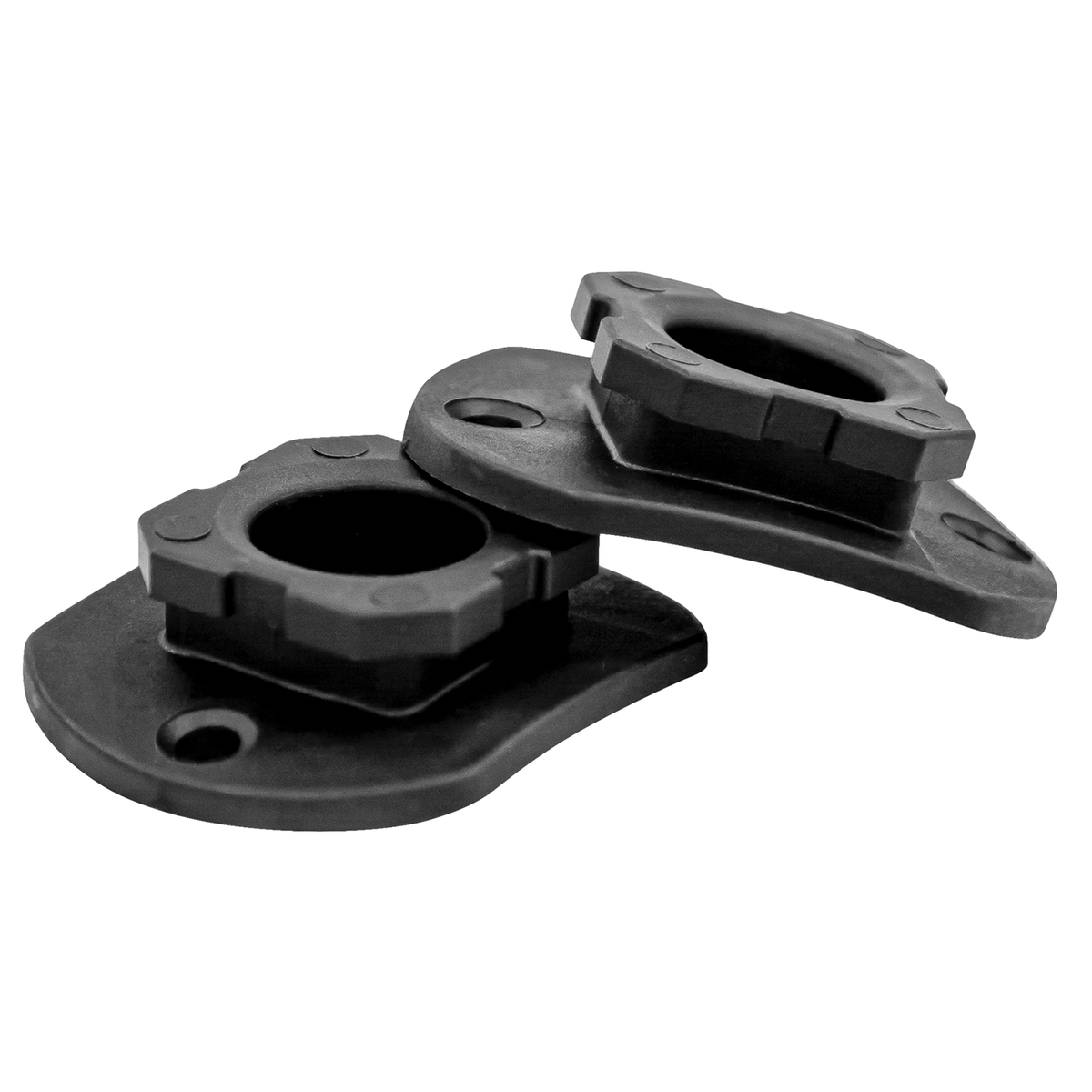 Eskimo E-Hub Bucket Base featuring two black plastic mounting bases with integrated locking mechanisms for secure attachment, designed for fishing tackle and marine applications.