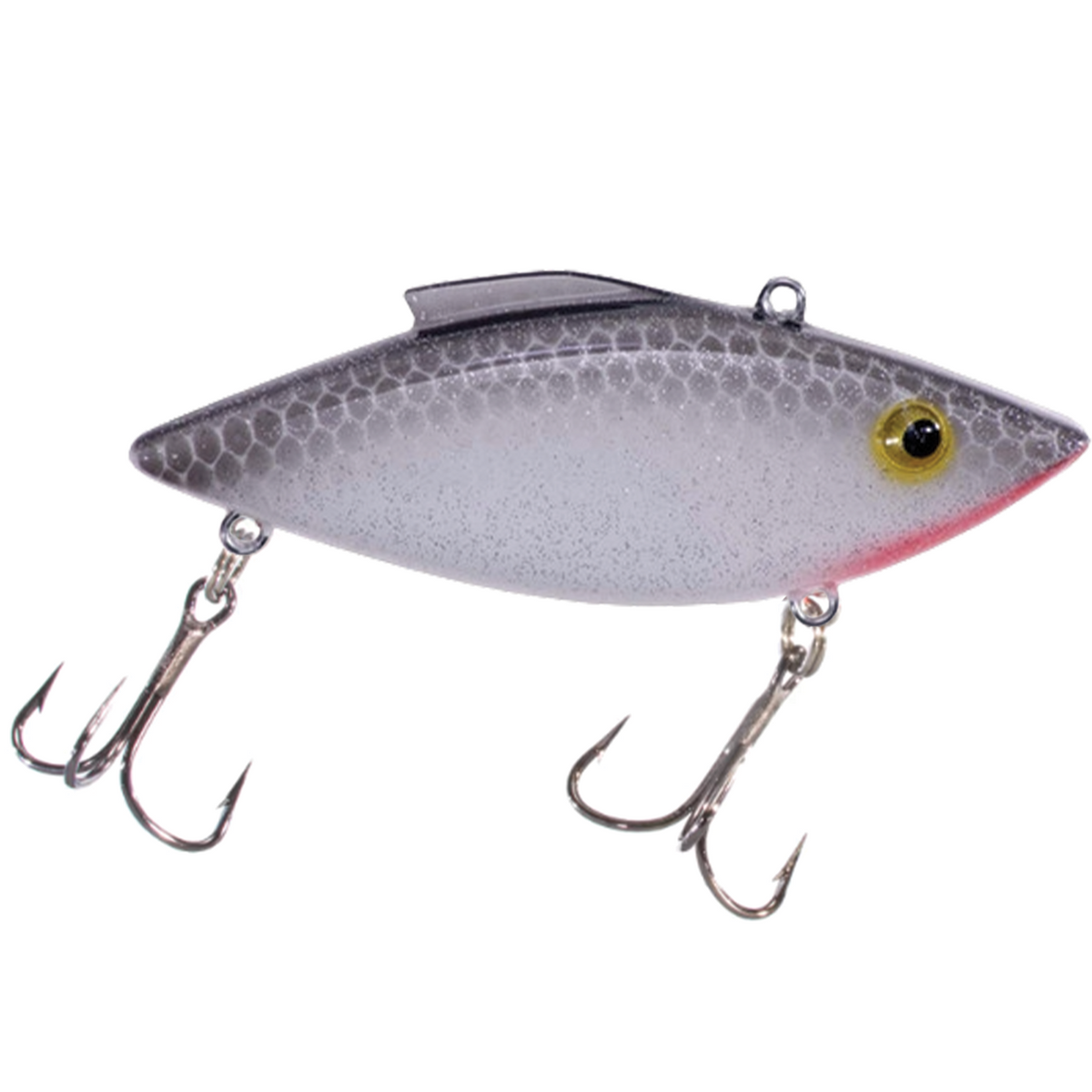Bill Lewis Rat-L-Trap - Mag Trap fishing lure designed to mimic a small baitfish with gray and white body, yellow eye, textured scales, and two sharp treble hooks for effective fishing tackle.