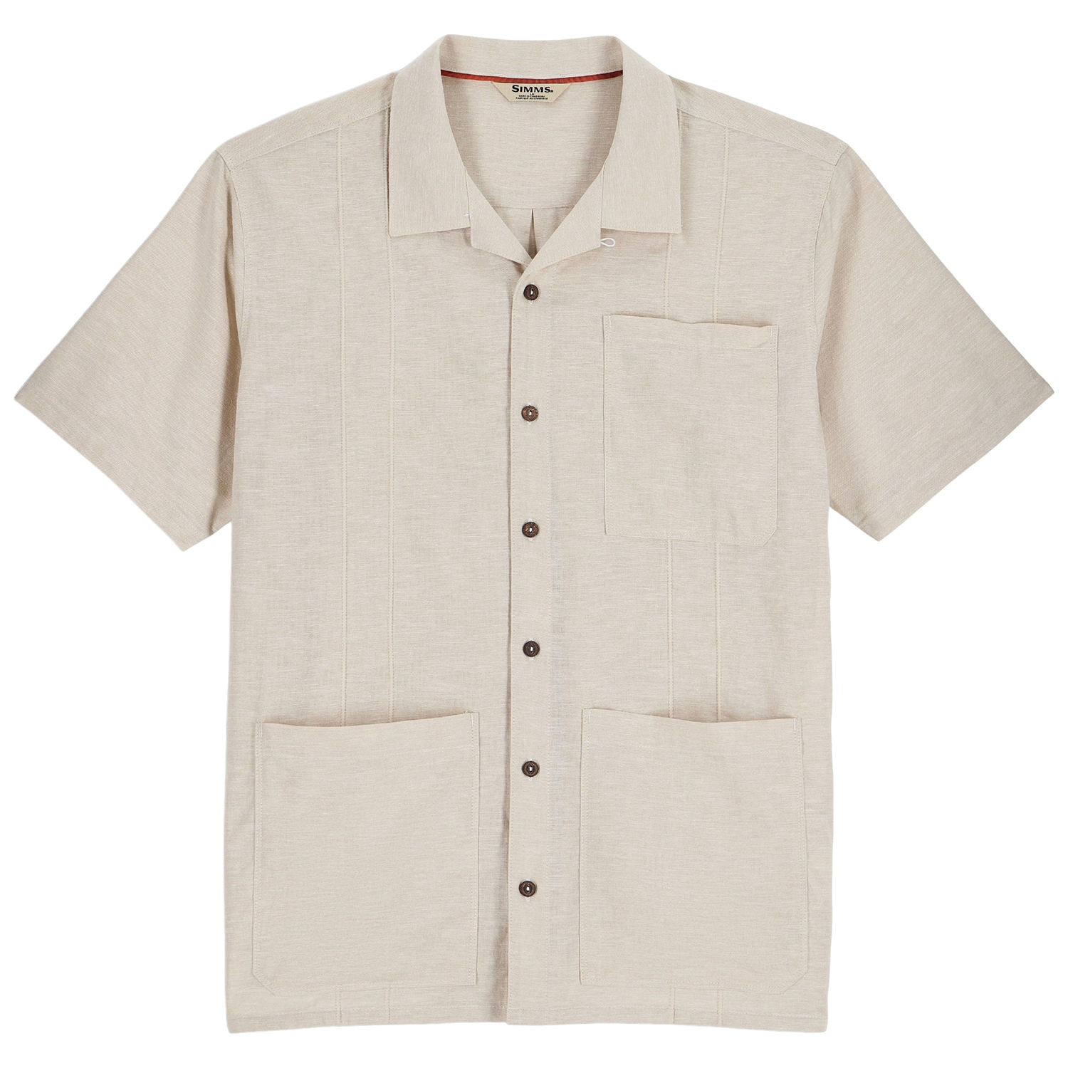 Simms Biscayne SS Shirt - Men's in light beige with short sleeves, button-up front, open collar, and three front pockets, designed for comfort during fishing and outdoor activities.