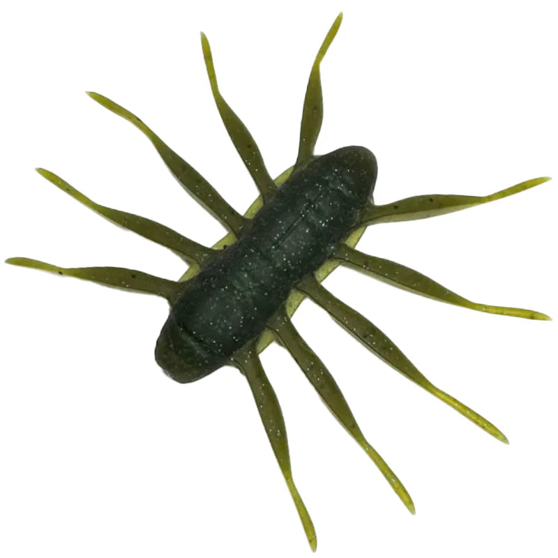 Baum Bofu 55 soft plastic fishing lure designed to imitate a small aquatic insect with multiple flexible legs in dark green color for effective musky fishing tackle.