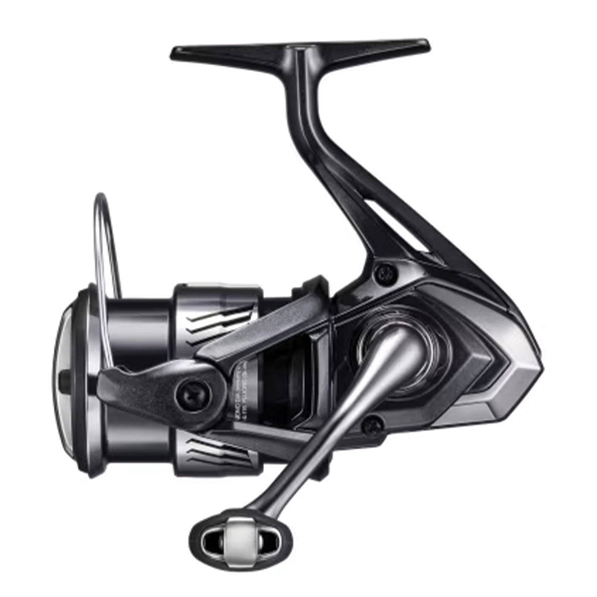 Close-up of a sleek black Shimano Miravel A (NEW 2026) spinning fishing reel with ergonomic handle and modern design, ideal for fishing rods and tackle.