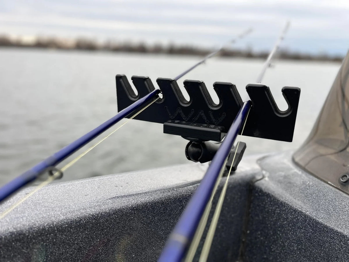 Simulated alt text for Wav Products Rod Holder / Rod Organizer SKU: WAV6T for thorne-bros-custom-rod-tackle.myshopify.com. You are an expert SEO agent. You will generate an ALT text for this image. <Store_Context> Business Details: - Premier Midwest shop specializing in musky tackle...