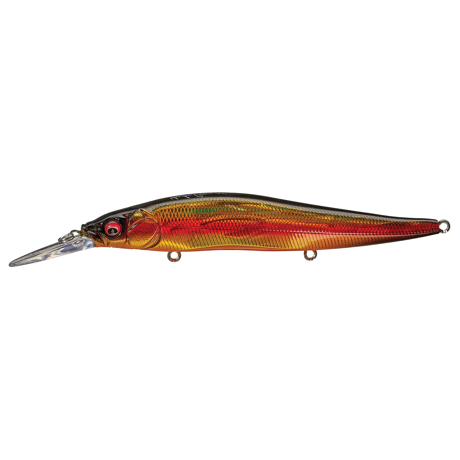 Megabass Vision 110+1 fishing lure with a sleek elongated body in metallic red and gold tones, featuring a clear diving lip and detailed scale texture for realistic water action.