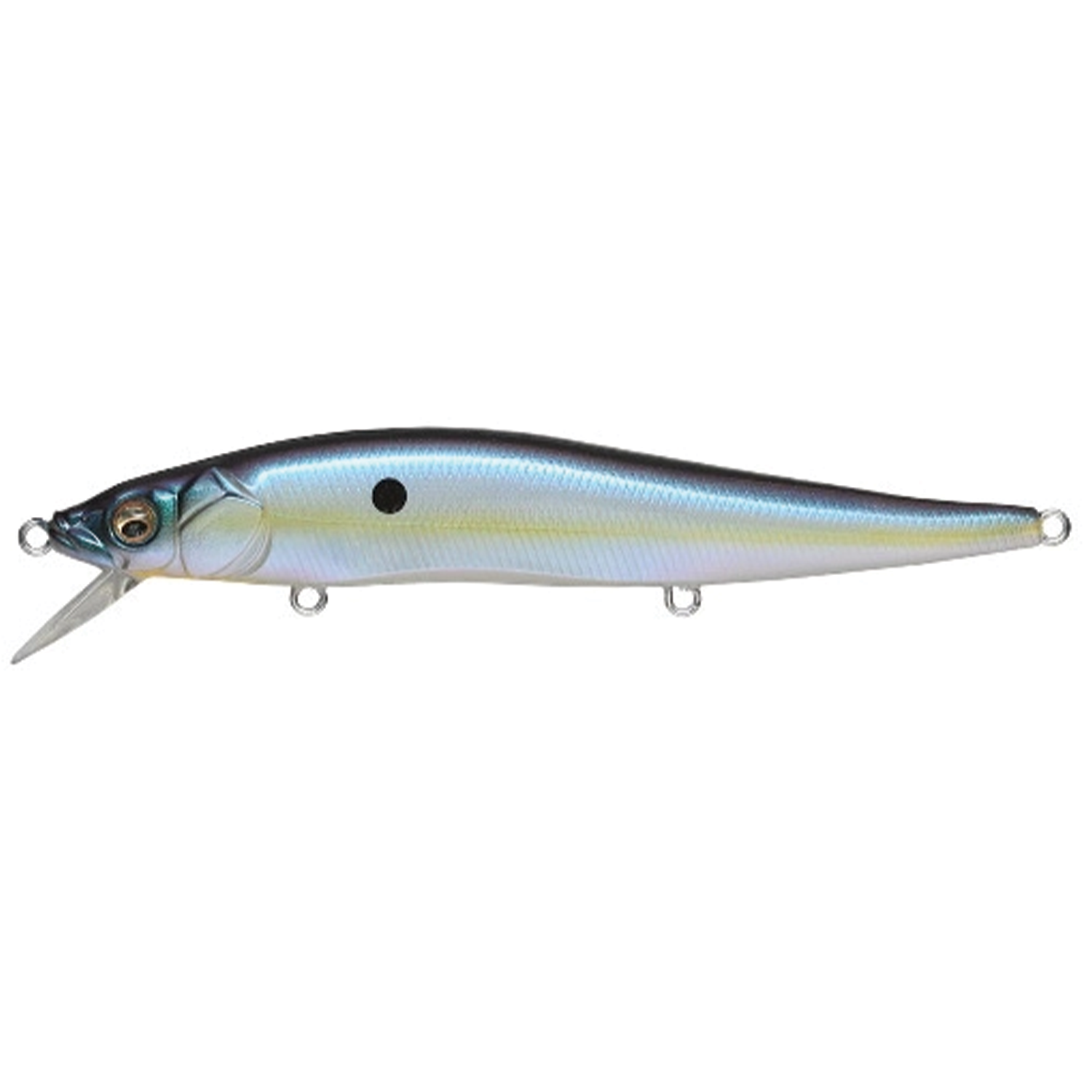 Megabass Vision 110 lure in blue and silver tones with realistic fish-like detailing, designed for musky fishing, featuring attachment loops and a diving lip.