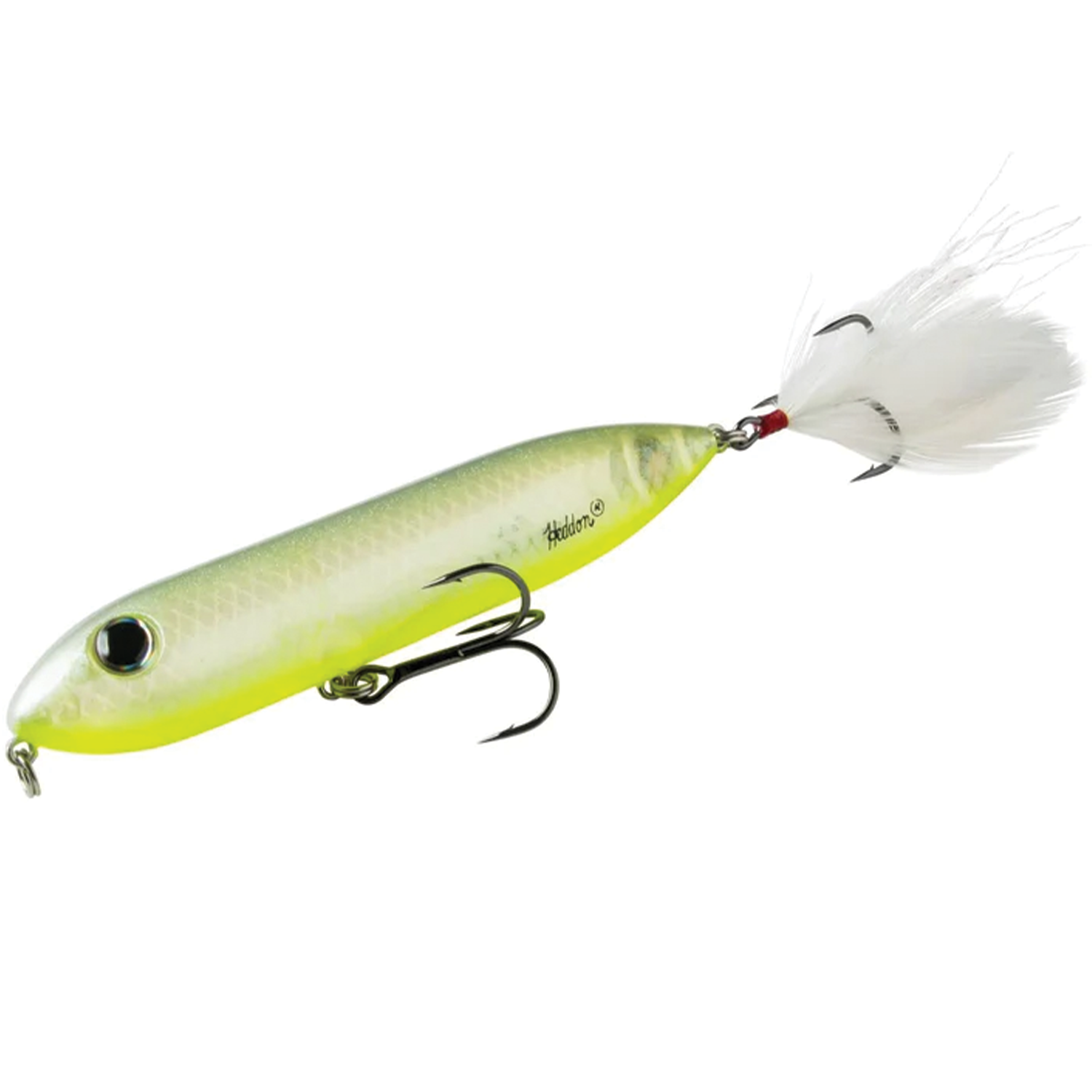 Heddon Super Zara Spook fishing lure in chartreuse and silver with realistic eyes, two treble hooks including one with white feathering, designed for freshwater fishing tackle.
