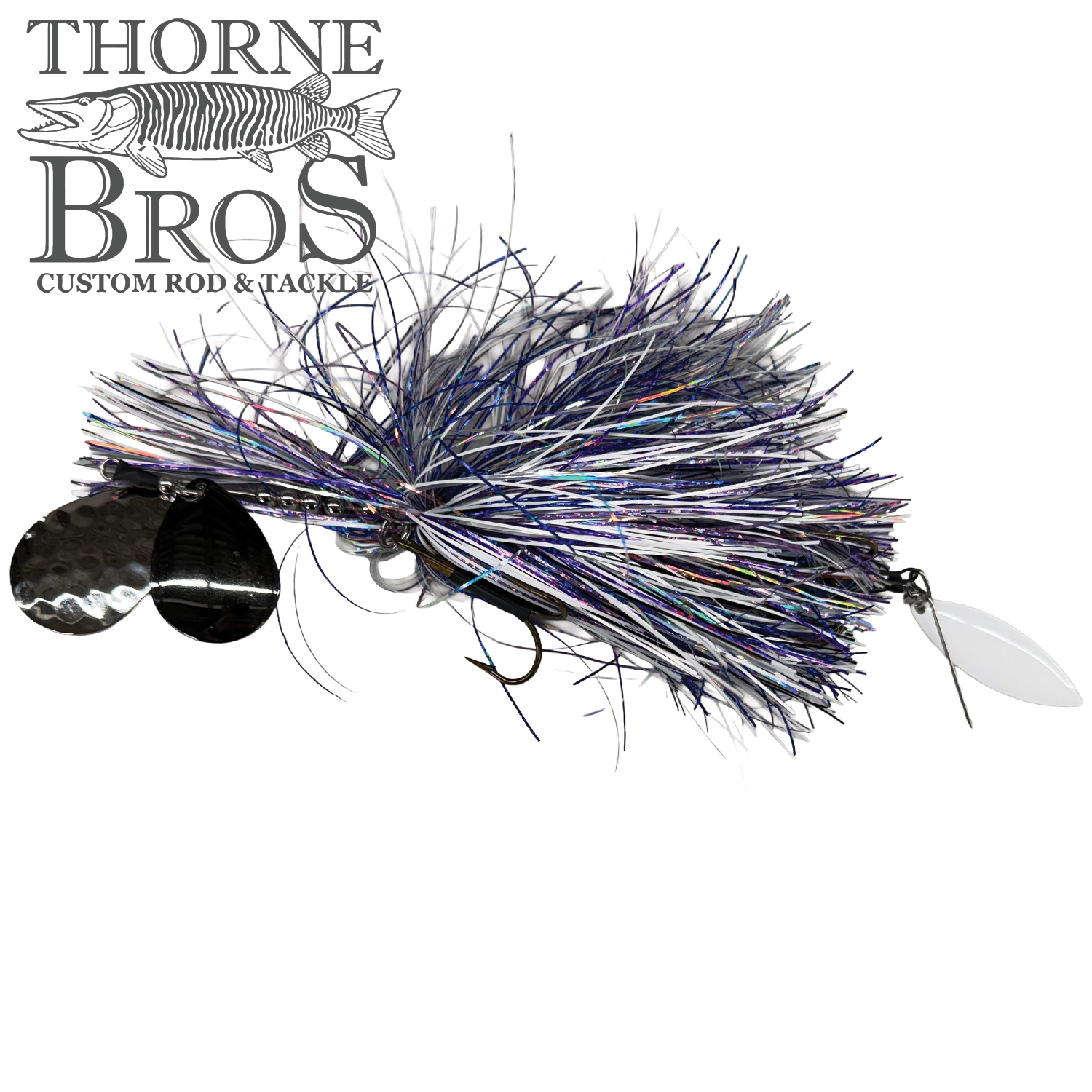 Hunsy Tails 7/8 XL Banger fishing lure with black, purple, and silver skirt, featuring dual spinner blades designed for musky fishing tackle at Thorne Bros.