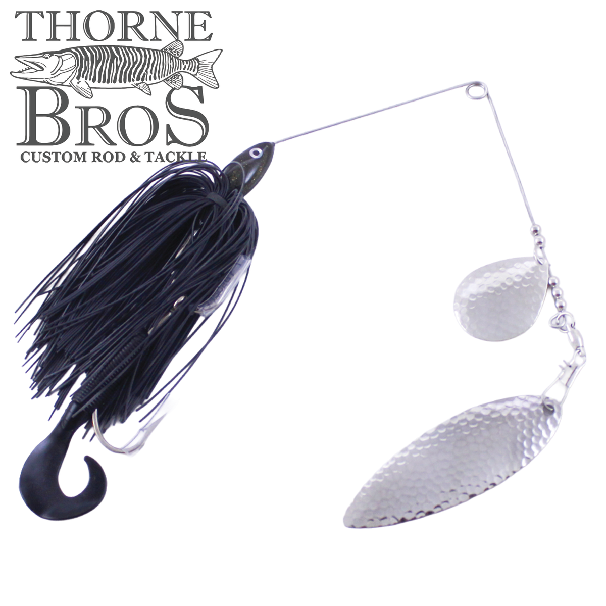 Ace Baits Big Ace Spinnerbait black skirted musky fishing lure with two hammered silver blades and a curly tail hook for freshwater casting and fishing tackle collections