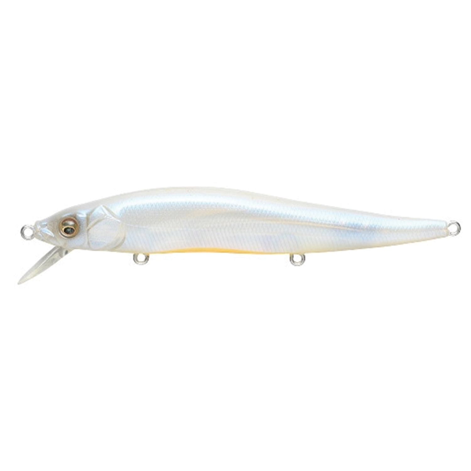 Megabass Vision 110 fishing lure in a pearlescent white finish with realistic fish-like detailing, designed for musky and other freshwater fishing.