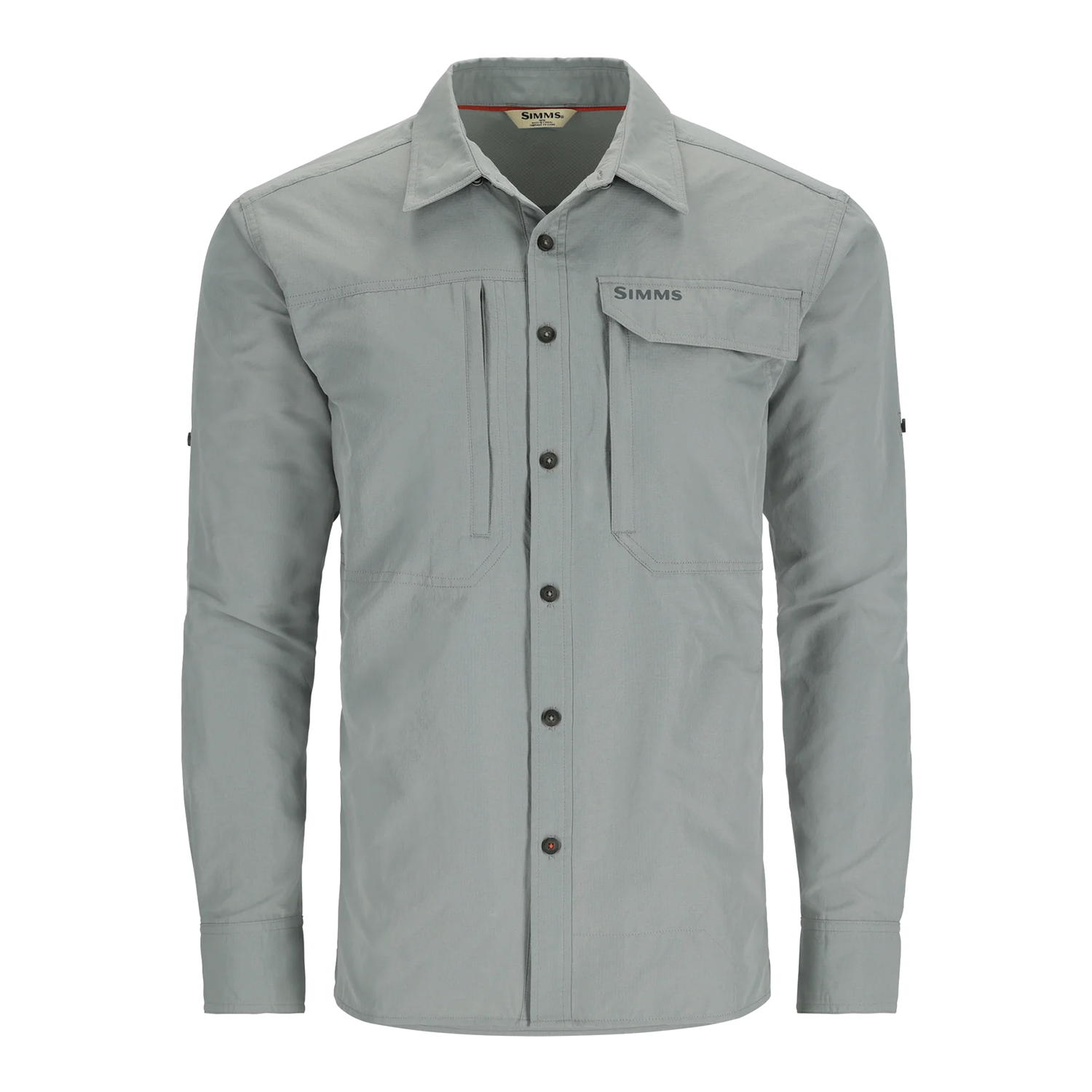 Simms Guide Shirt - Men's in light gray with long sleeves, button front, chest pockets including one with flap and logo, designed for fishing and outdoor activities.