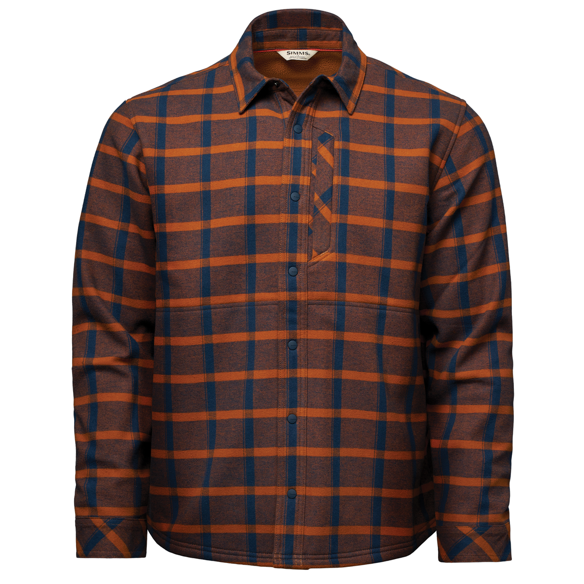Simms Coldweather Shacket - Men's brown and navy plaid shirt jacket with button front long sleeves pointed collar and chest pocket for outdoor fishing wear