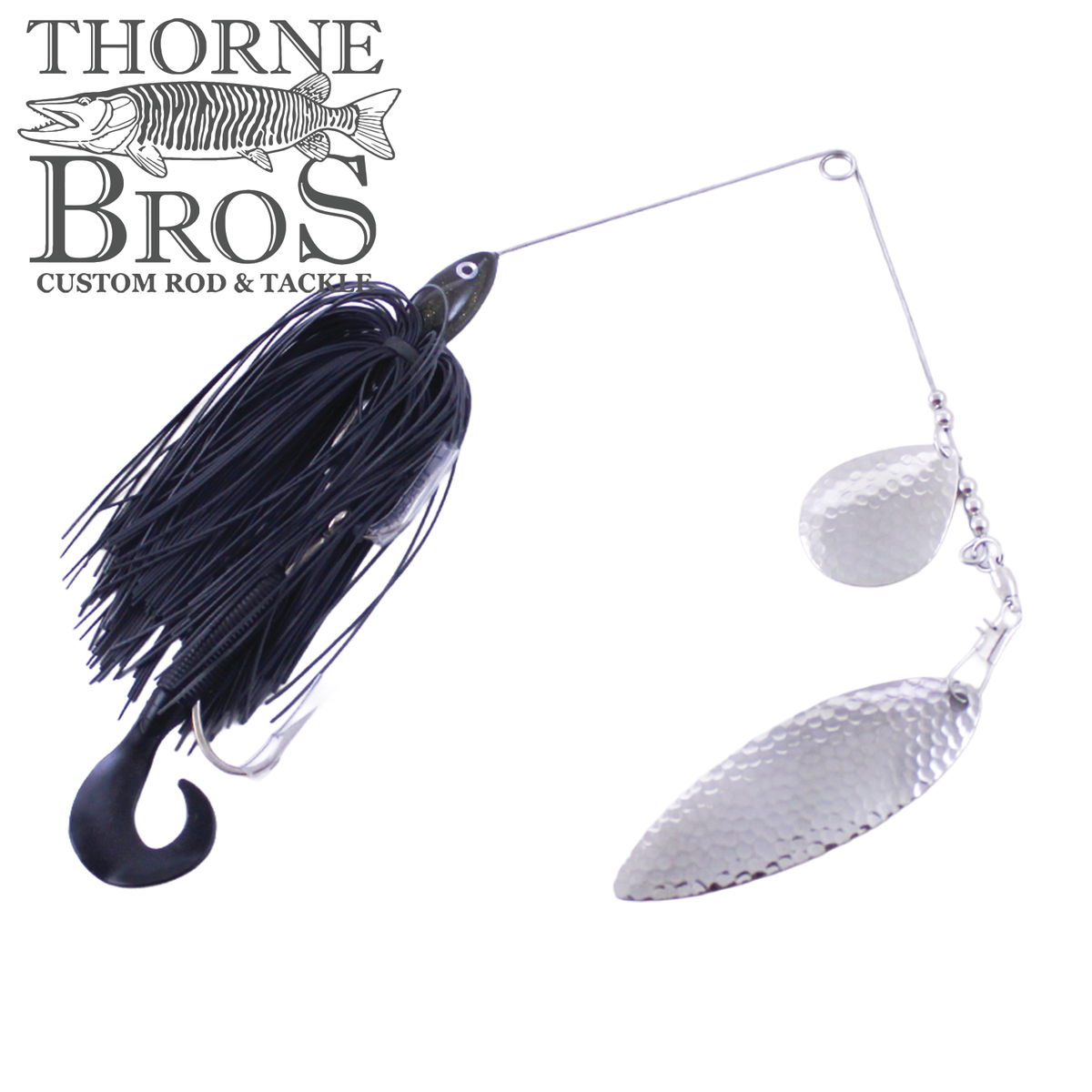 Ace Baits Small Spinnerbait black skirted fishing lure with a large hook and two hammered silver blades for musky fishing