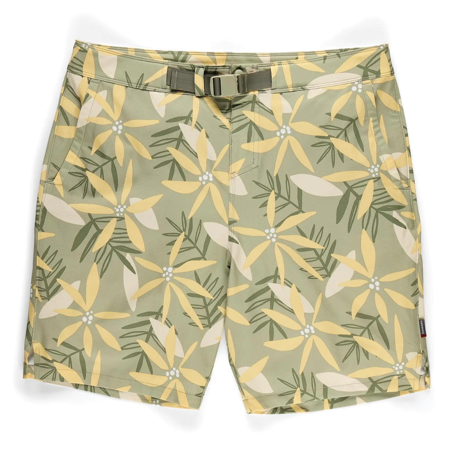 Simms Seamount Shorts - Men's in olive green with yellow and beige floral pattern, featuring side pockets and an adjustable built-in belt, ideal for fishing and outdoor activities.