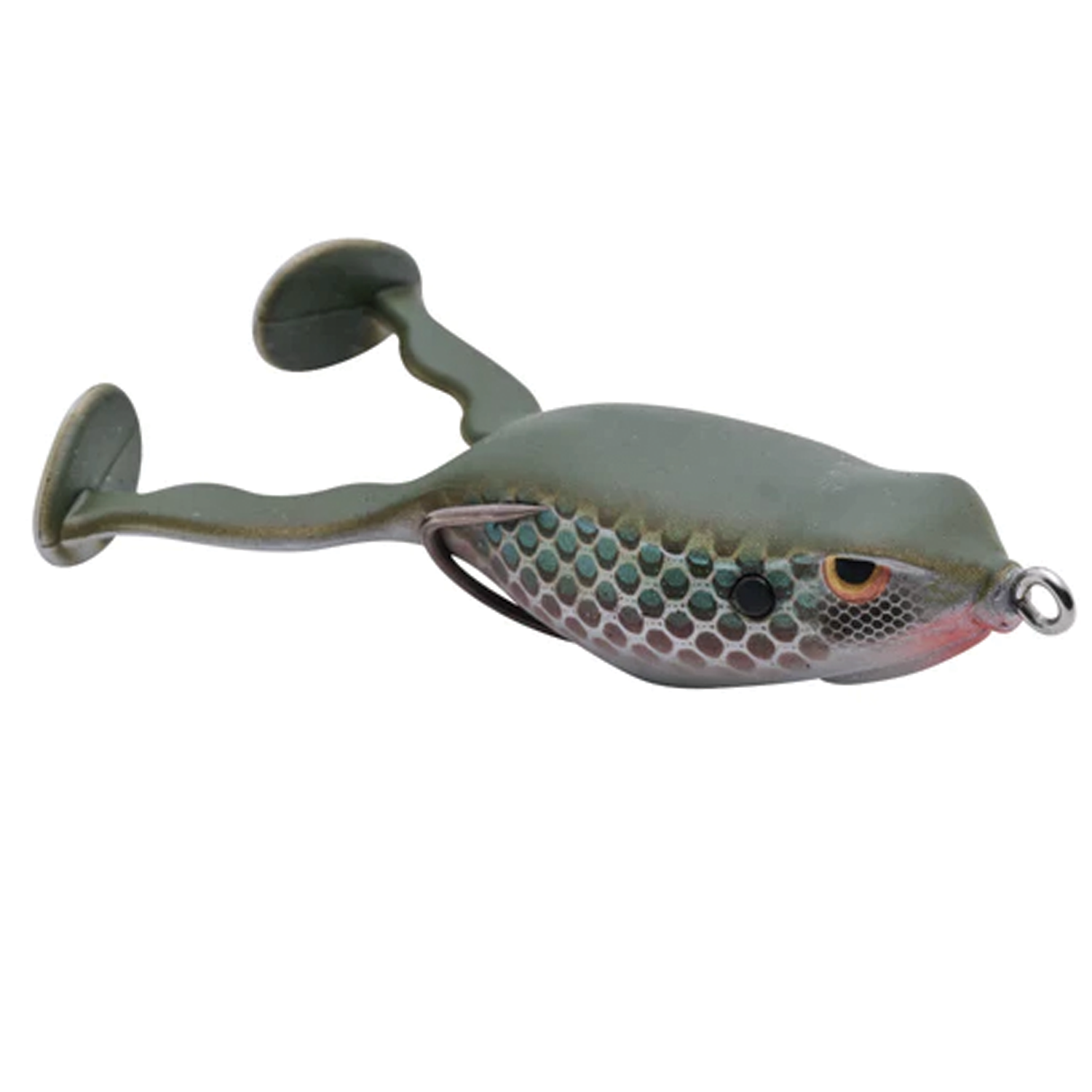 Spro Flappin Frog-65 fishing lure designed to mimic a frog with a green body, detailed scale pattern, lifelike eyes, and dual paddle tail for realistic movement.