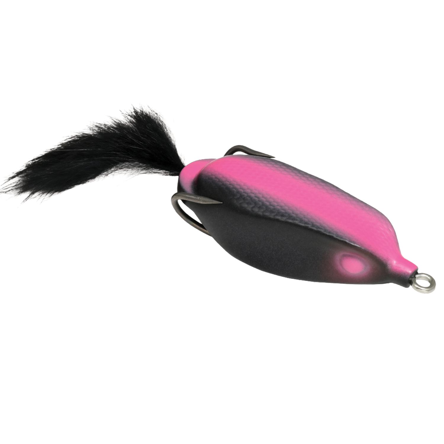 Deps Slither K Hollow Body Frog fishing lure in pink and black with soft tail and dual hooks, designed for attracting musky and other freshwater species.