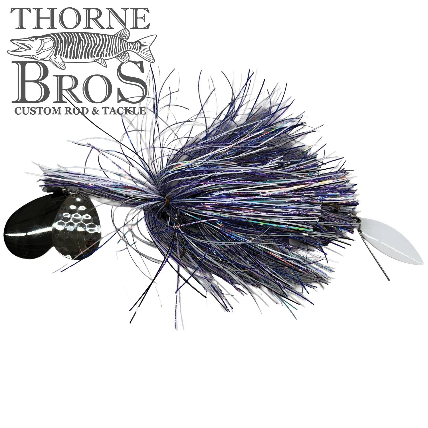 Hunsy Tails 8/9 Banger fishing lure with a dense, iridescent skirt in shades of blue and purple, featuring dual metallic spinner blades for musky fishing.