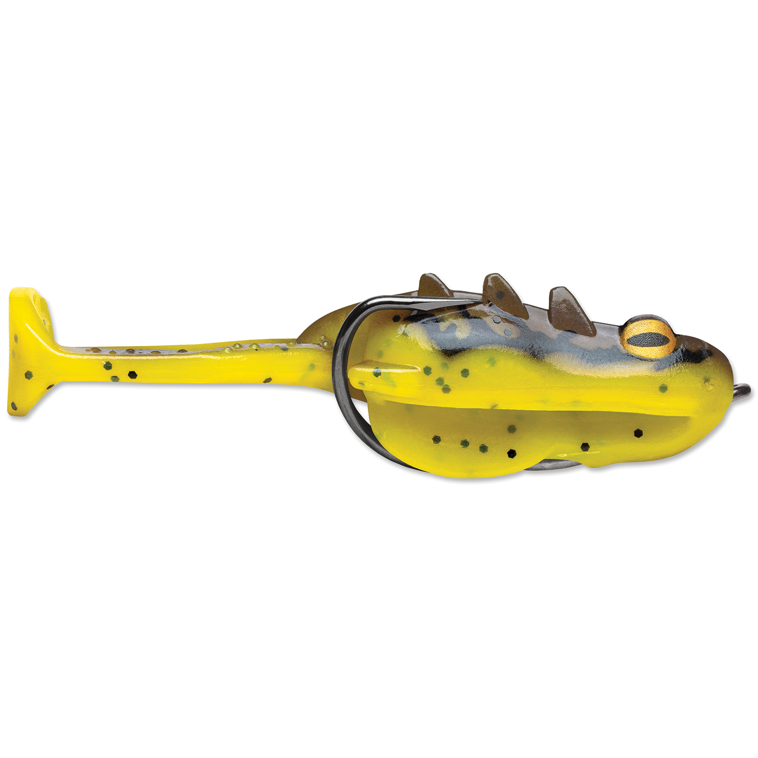 Yellow and green soft plastic fishing lure shaped like a frog, featuring black spots and a wide tail, designed as the Storm Surge Frog for fishing tackle use.