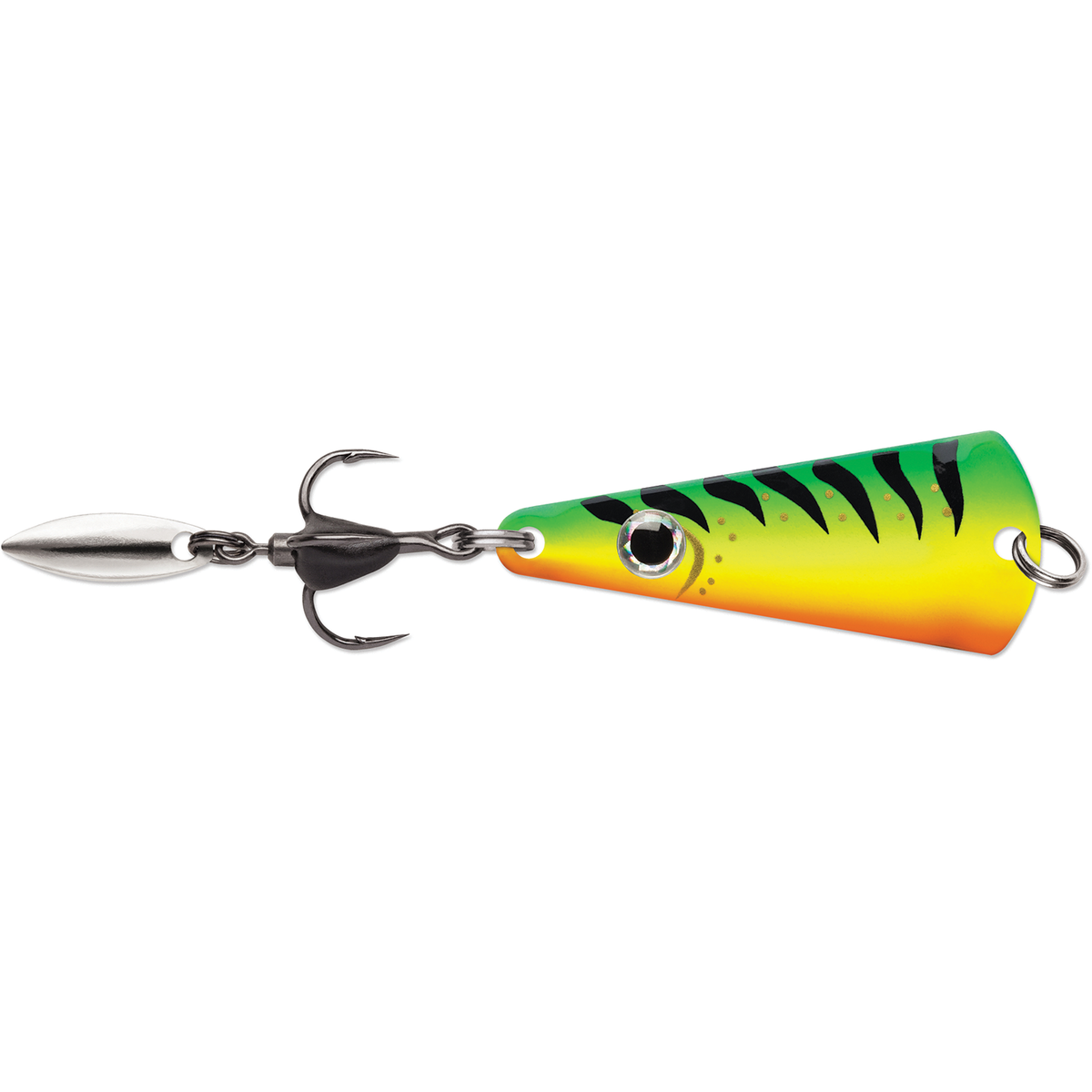 VMC Bladed Tingler Spoon colorful green yellow and orange fishing lure with a silver spinner blade treble hook and realistic eye for musky fishing tackle