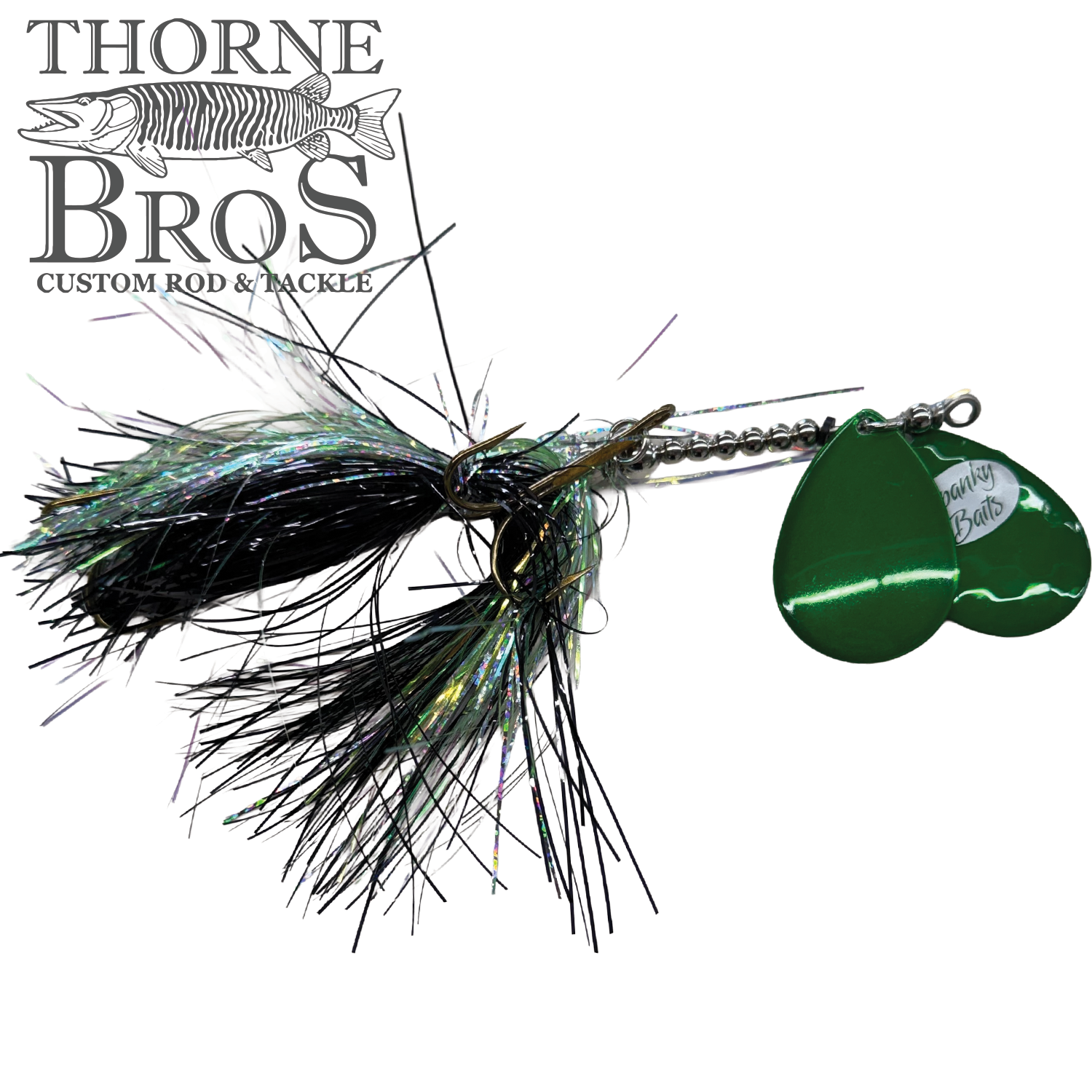 Spanky Baits Fireball 8" fishing lure with black and iridescent synthetic fibers and two metallic green spinner blades, designed for musky fishing tackle.