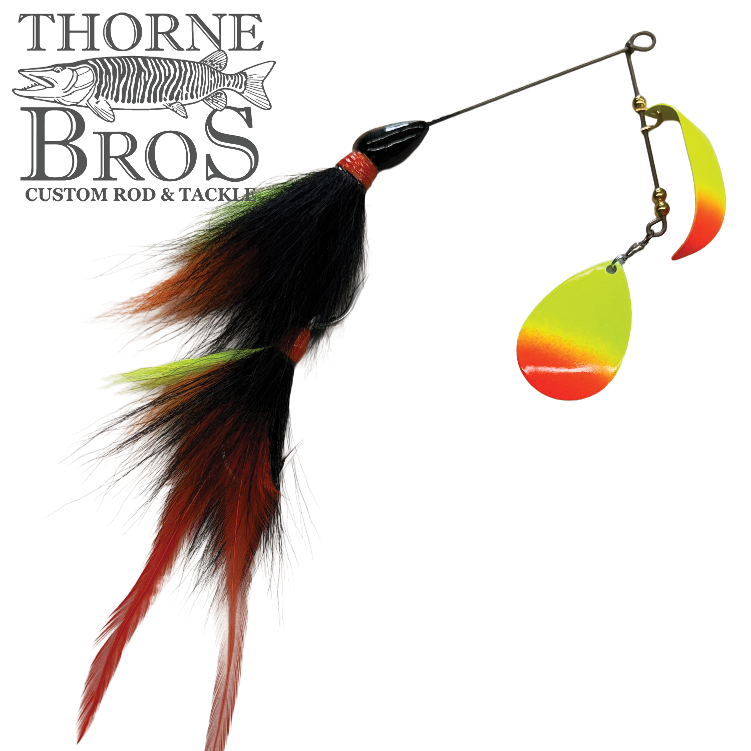 CJ'S Large Tandem Clicker fishing lure with colorful feathered skirt and two bright yellow and orange spinner blades designed for musky fishing.