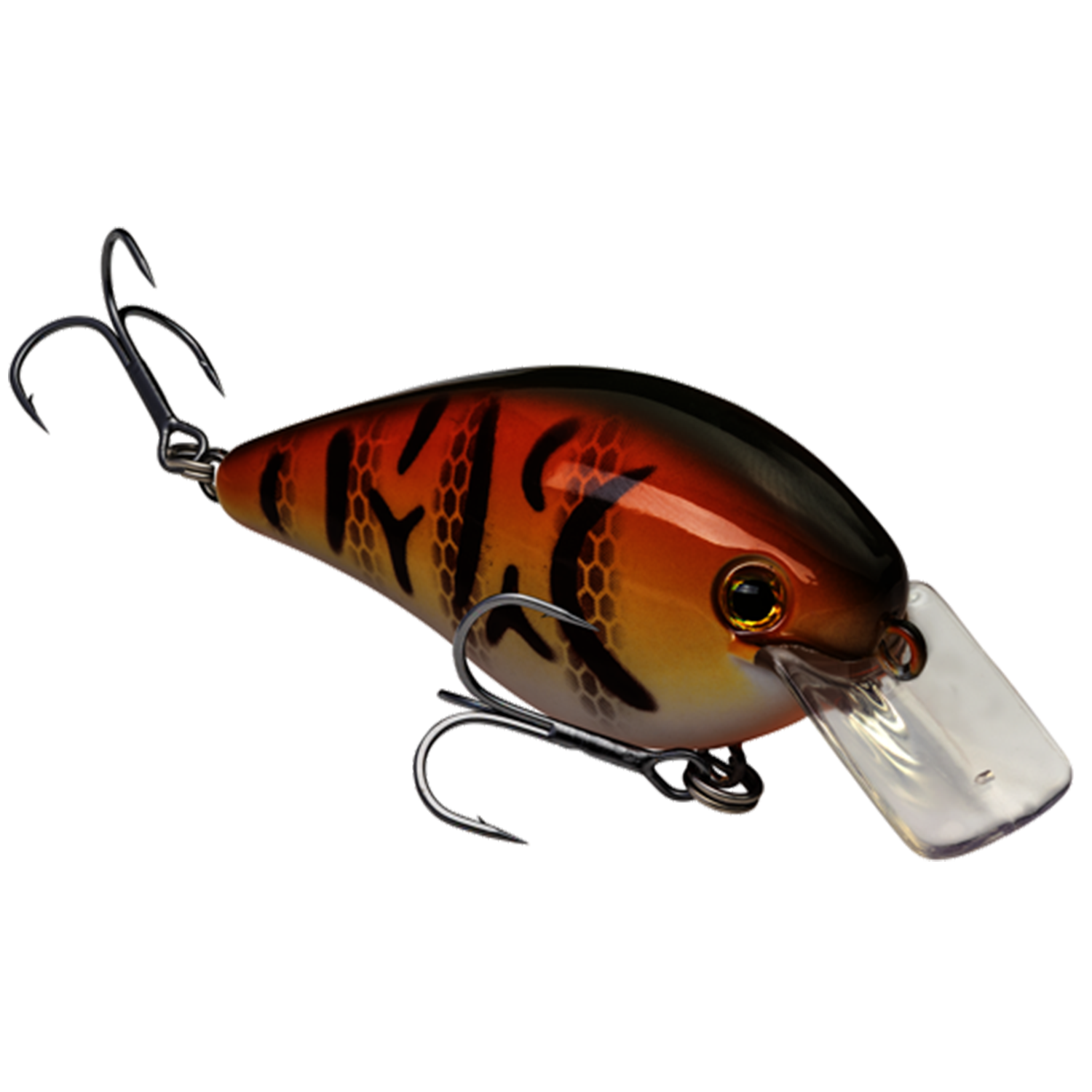 Close-up of a Strike King KVD Hard Knock fishing lure featuring a detailed orange and black pattern with two treble hooks and a clear diving lip, designed for freshwater fishing tackle.