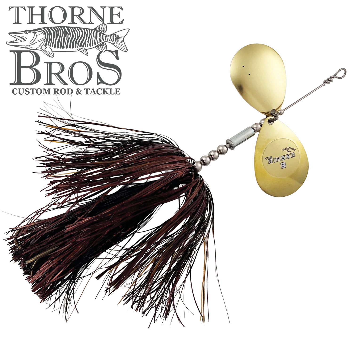 Musky Frenzy The Ringer 8 fishing lure with dual gold-colored spinning blades and a dark, multi-strand skirt designed for musky fishing.