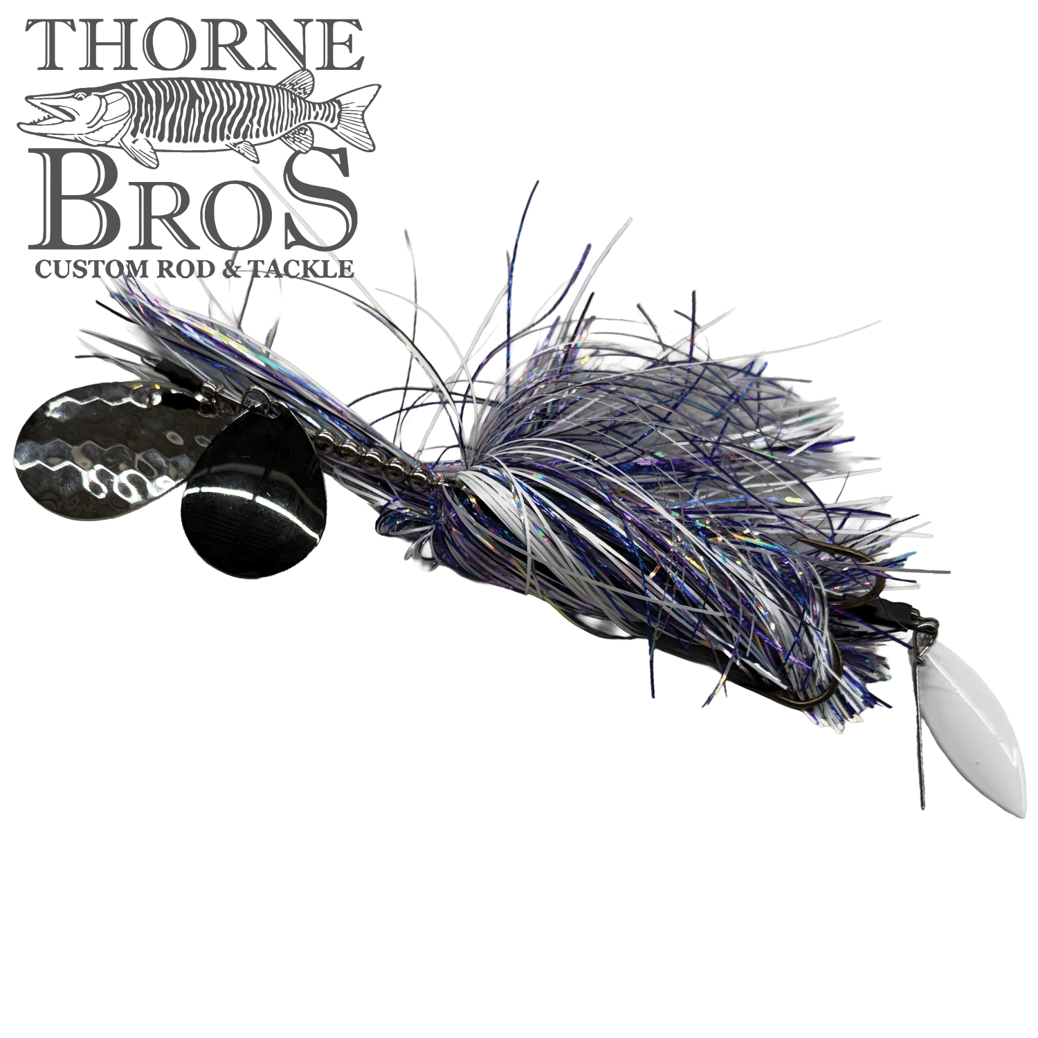 Hunsy Tails 7/8 Banger fishing lure with a dark, iridescent skirt, dual silver spinner blades, and white diving lip, designed for musky fishing tackle.