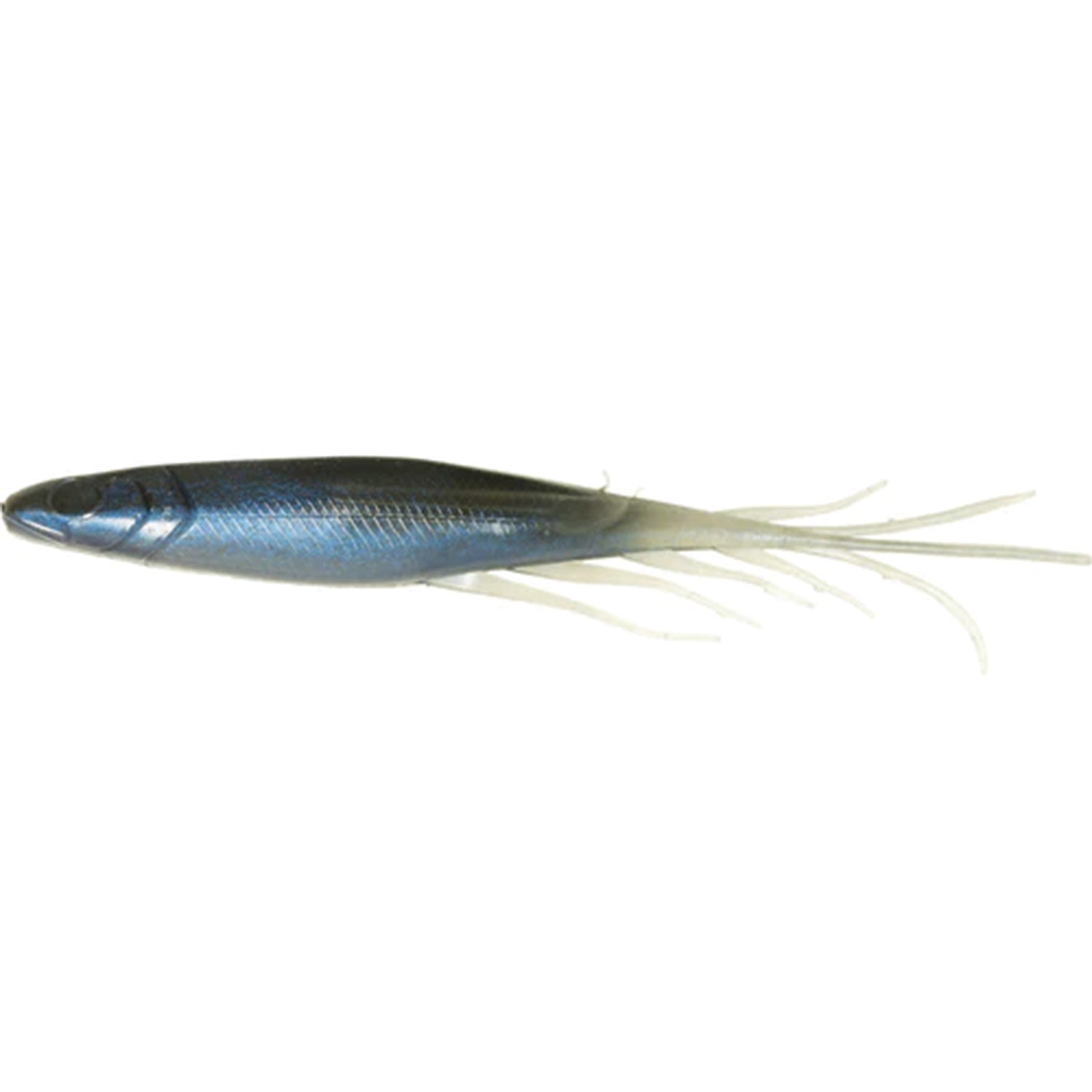 Hideup Judy Fish 5.2" fishing lure designed to mimic a small baitfish with a streamlined blue and silver body and multiple trailing appendages for realistic movement in water.
