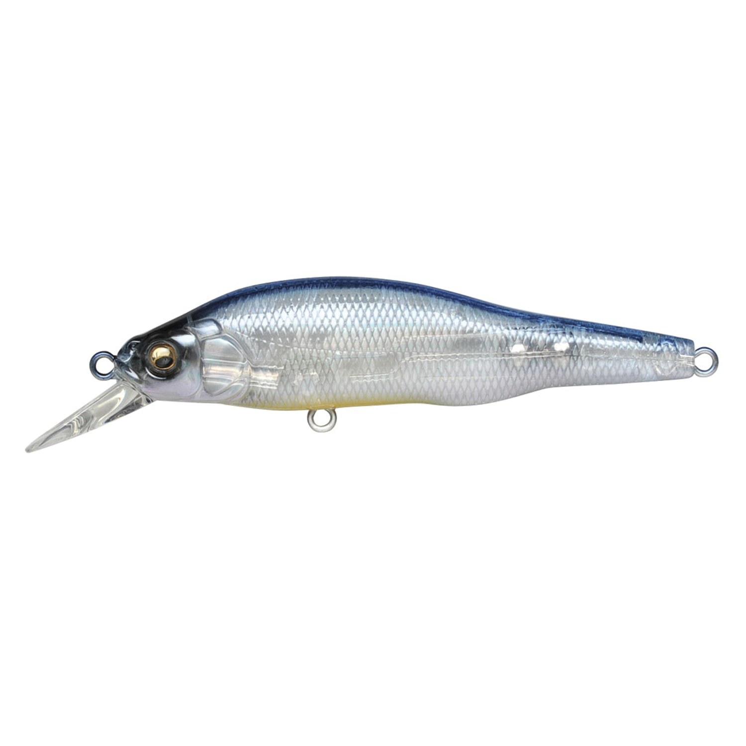 Megabass X-80 Trick Darter fishing lure with a sleek, silver and blue body, detailed scale texture, clear diving lip, and attachment rings for fishing tackle.