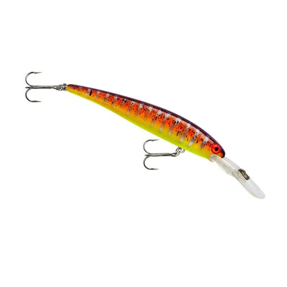 Bandit B-Shad fishing lure in orange, yellow, and red tones with detailed scale pattern and two treble hooks, designed for effective fishing tackle use.