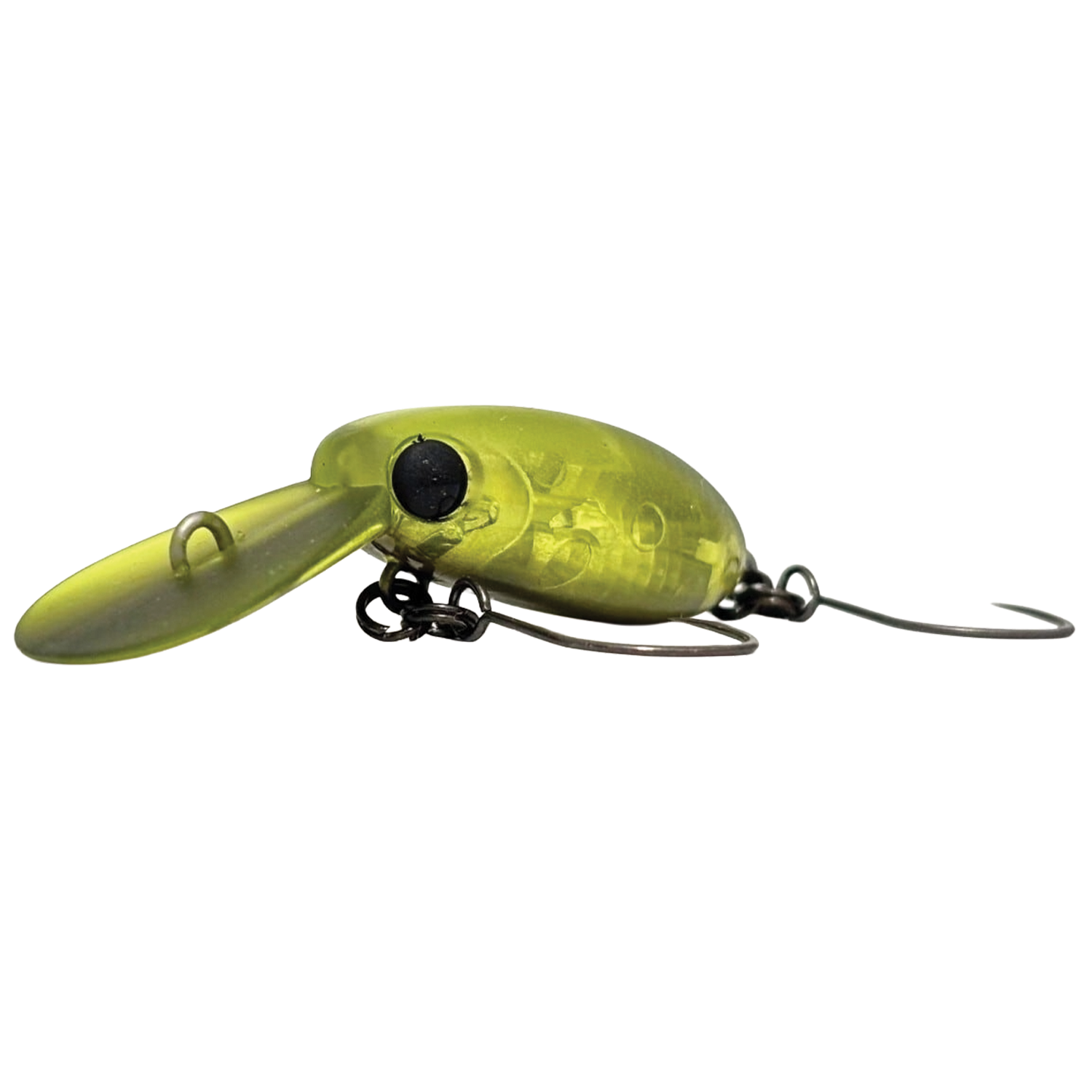 HMKL Inch Crank MR fishing lure in translucent yellow-green with black eyes, featuring a diving lip and two sharp hooks designed for freshwater fishing tackle.
