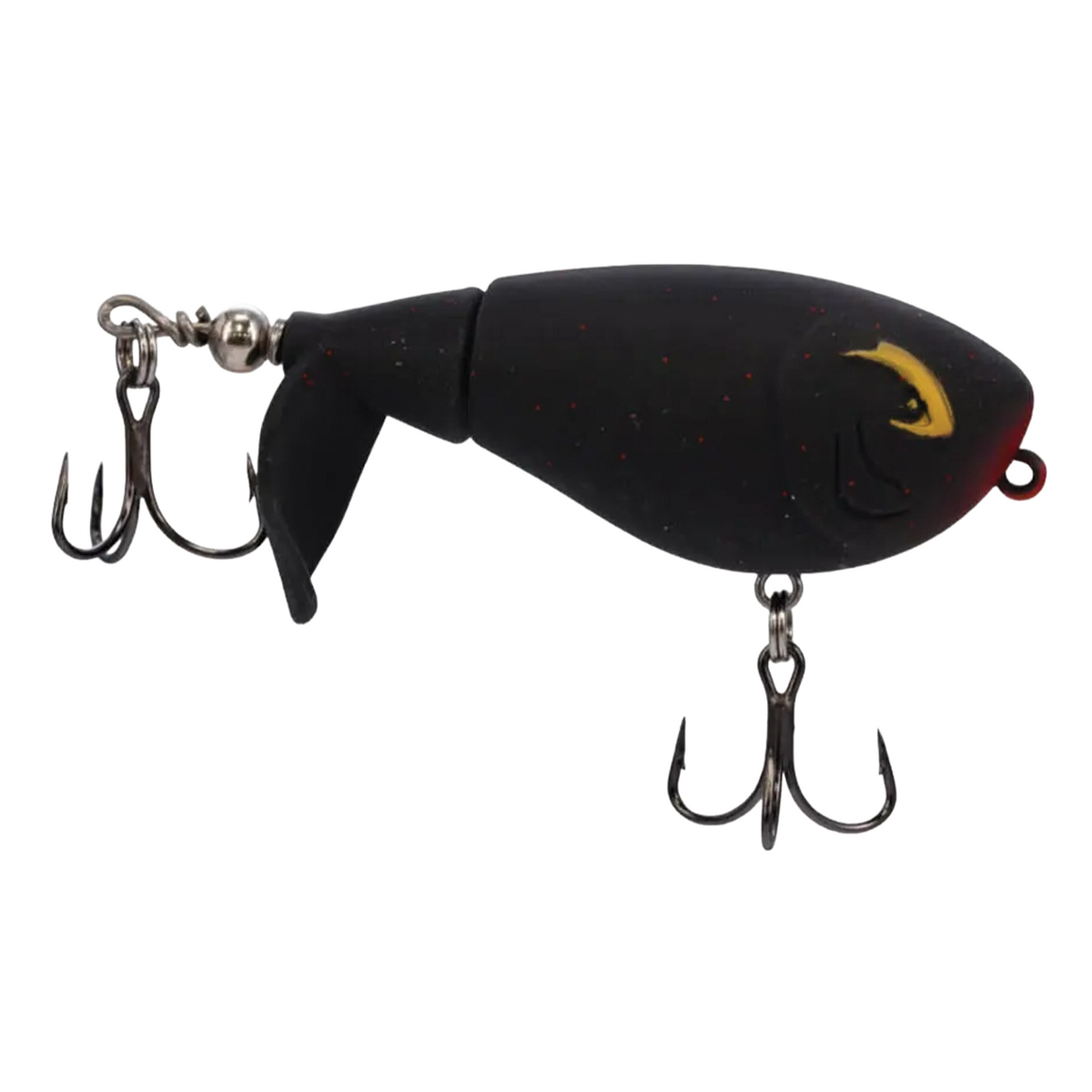 Bill Lewis Baby Bubbler 55 fishing lure in black with subtle red speckles, featuring a jointed body, yellow eye detail, and two treble hooks for effective fishing tackle use.