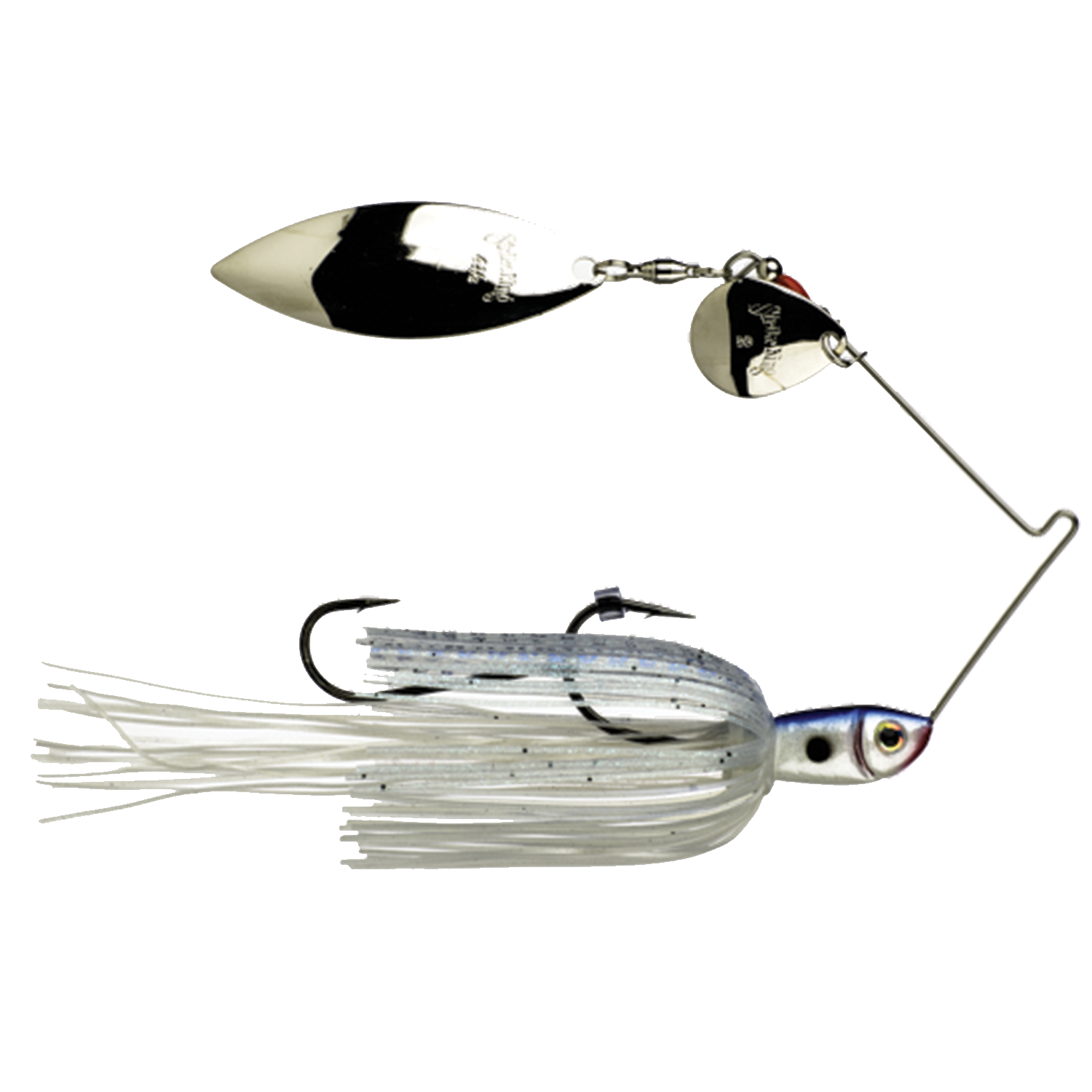 Strike King Premier+ Spinnerbait with silver blade and white skirt, designed for effective fishing lure action and attracting game fish.