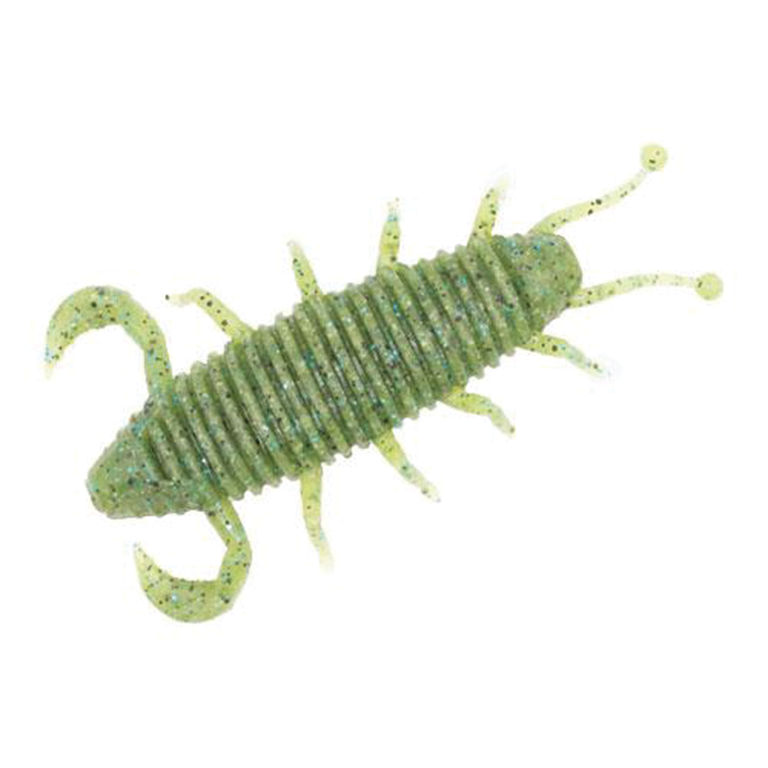 Geecrack Bugpee Creature Bait in green with ribbed body and multiple appendages designed to mimic a small aquatic creature for fishing tackle use.
