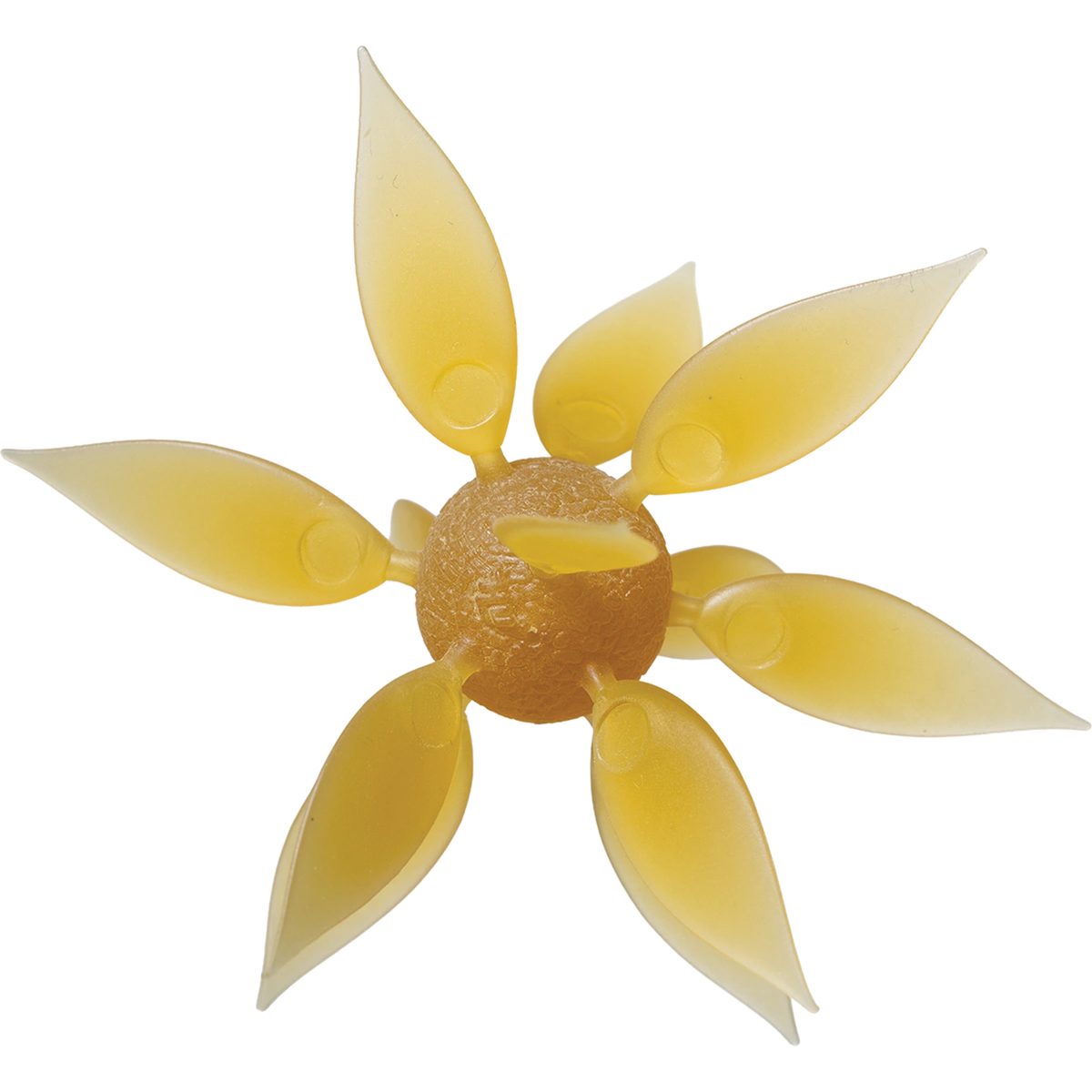 Close-up of a translucent yellow fishing lure with eight petal-like curved blades arranged around a textured central ball, designed for attracting fish, labeled Hideup Coike Fish L.