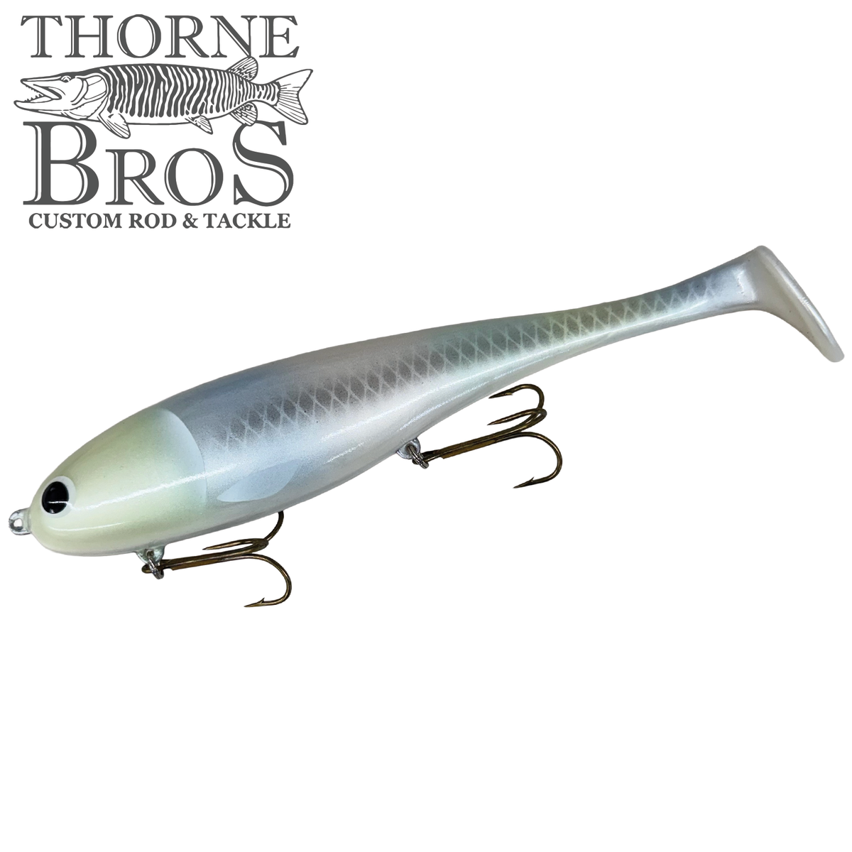 Musky Innovations Magnum Swimmin' Dawg - SHALLOW soft plastic musky fishing lure with a realistic baitfish profile and two treble hooks on a white background