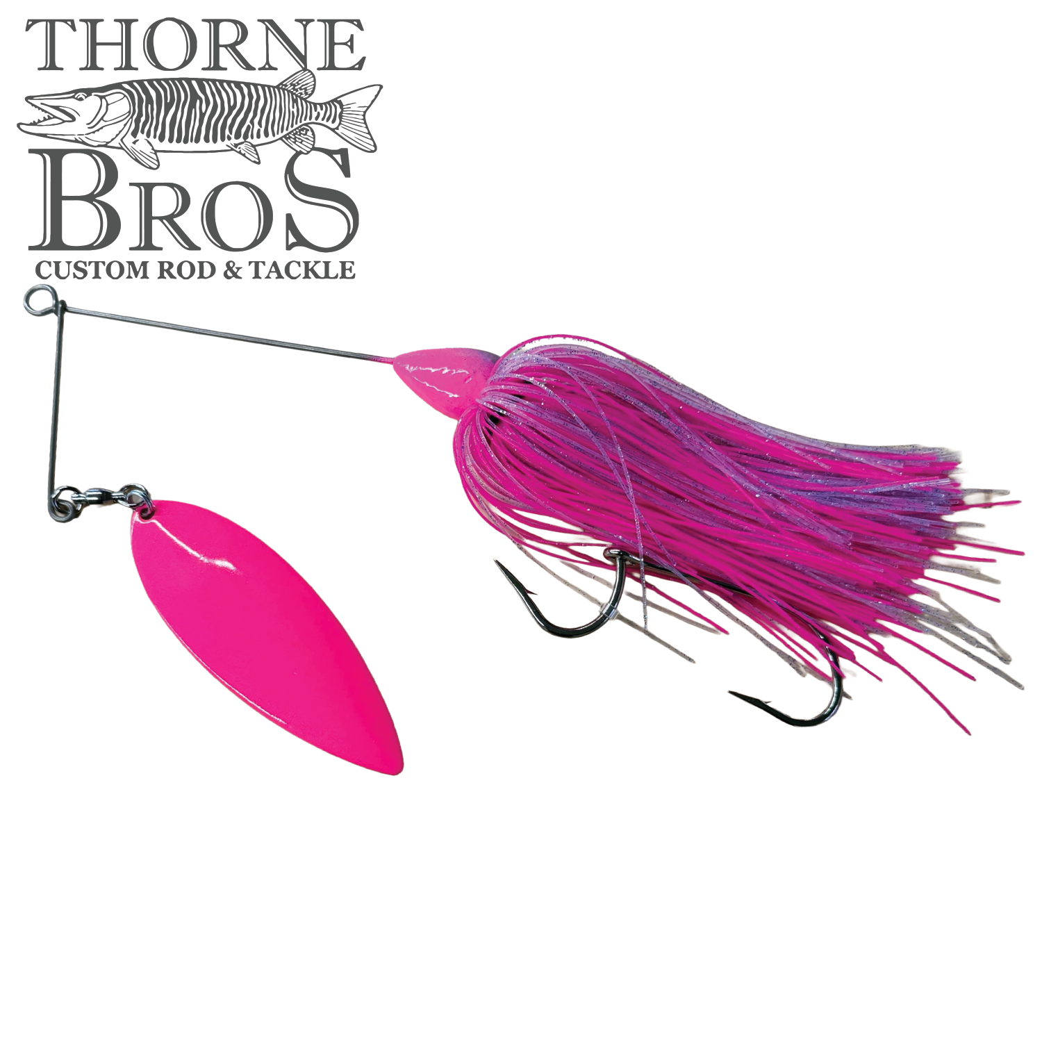 CJ'S Large Silicone (Willow Blade) fishing lure in bright pink with silicone skirt and willow leaf spinner blade, designed for musky fishing tackle enthusiasts.