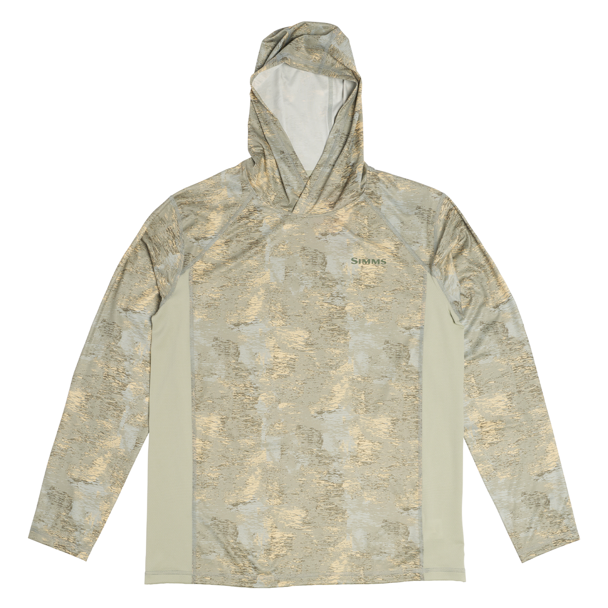 Simms Challenger Solar Hoody - Men's camouflage hooded fishing shirt with long sleeves and light neutral pattern for sun protection on the water