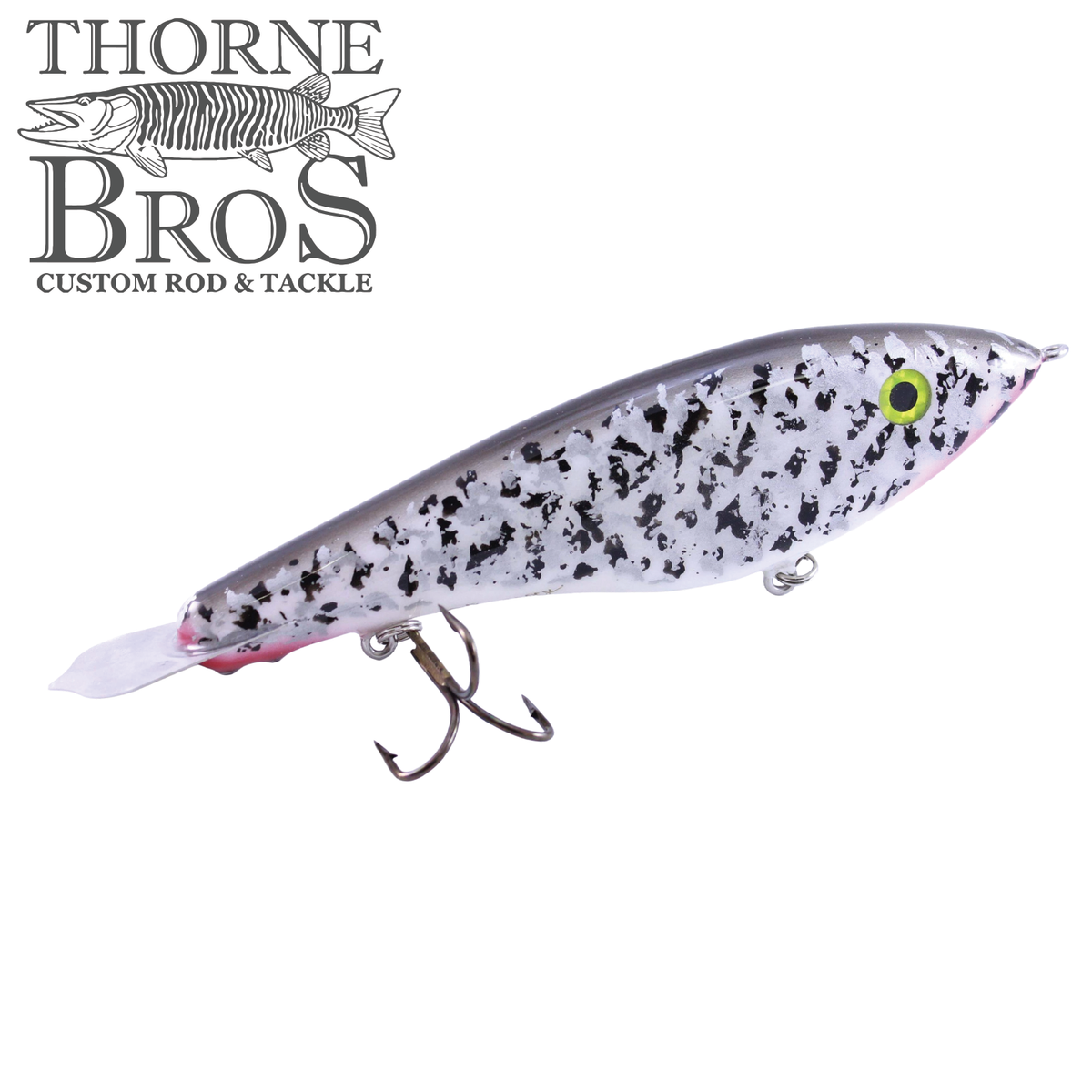 Bitten Warlock - MAG. musky fishing lure with a speckled silver body pink underside chartreuse eye diving lip and treble hooks