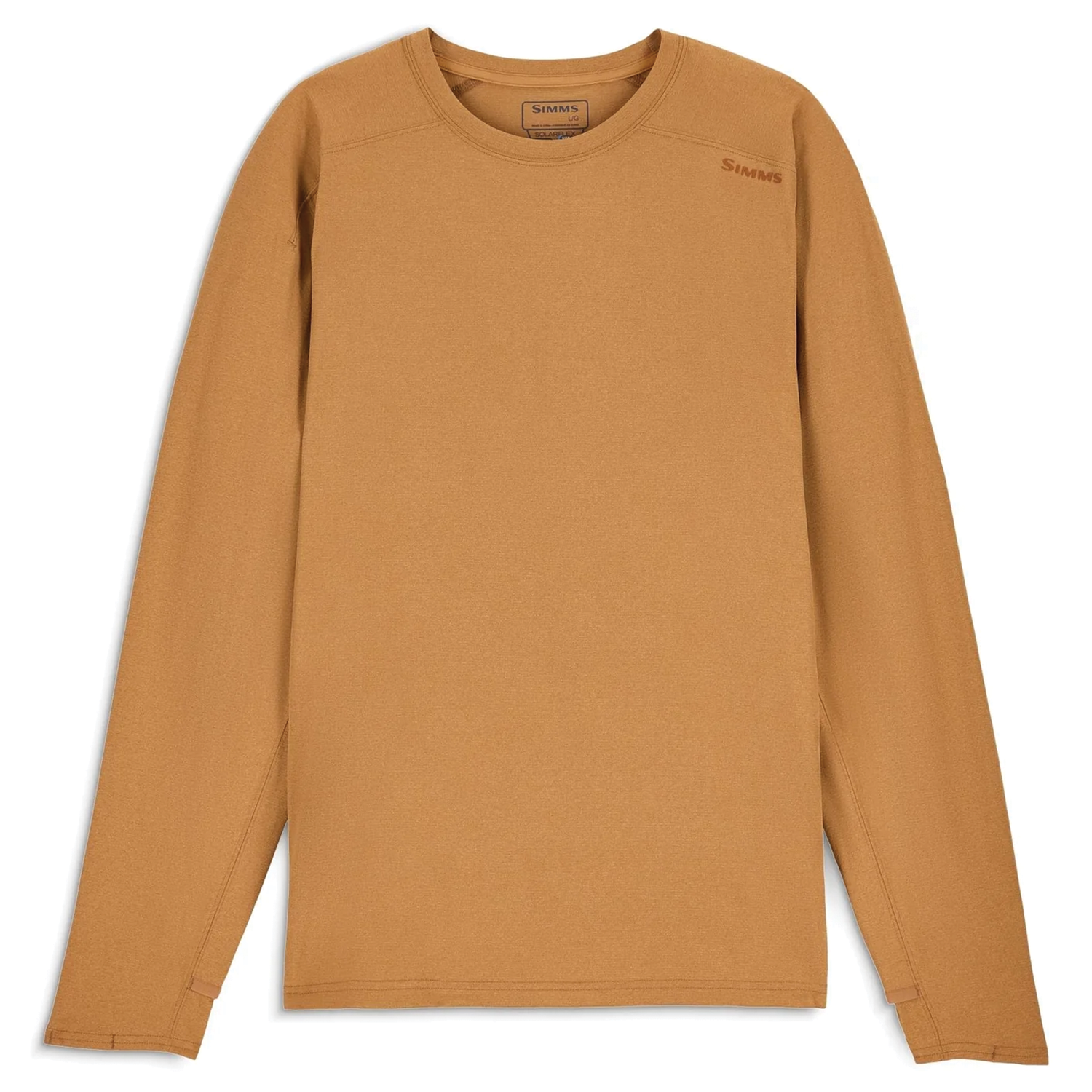 Simms SolarFlex Crewneck Shirt - Men's (New 2026) in light brown, featuring long sleeves and a crewneck design, made for outdoor fishing activities with breathable, flexible fabric.