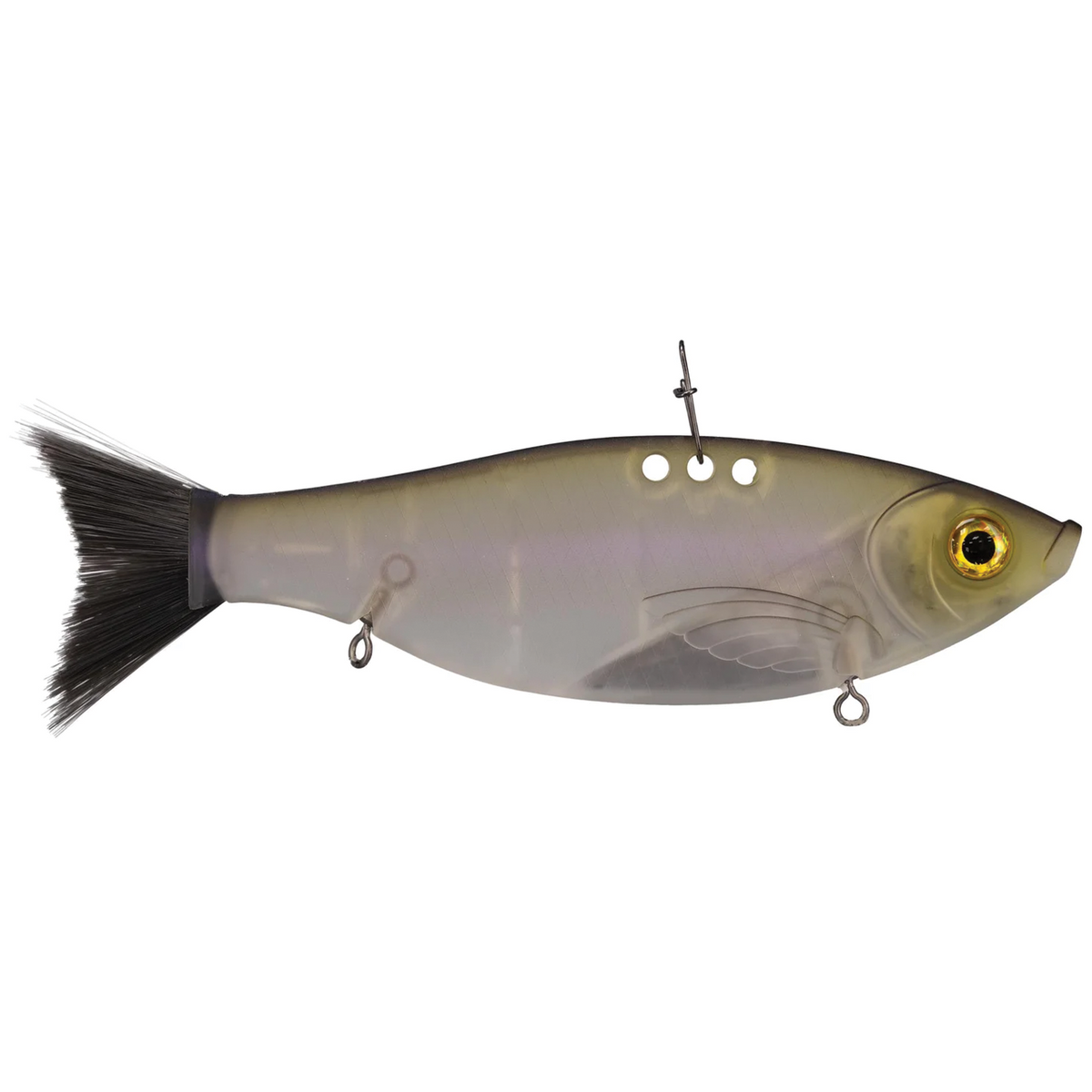 Bill Lewis Big Gizz fishing lure designed to resemble a small fish with a translucent body, detailed golden eyes, and a black feathered tail for realistic movement in water.