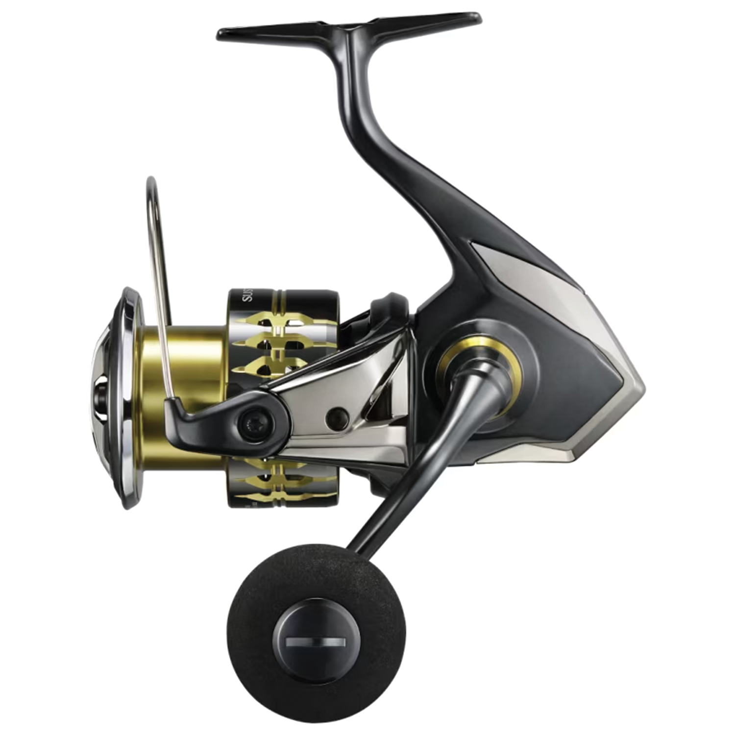 Shimano Sustain FK spinning reel with black and gold finish, featuring ergonomic handle and durable construction for smooth performance in fishing tackle setups.
