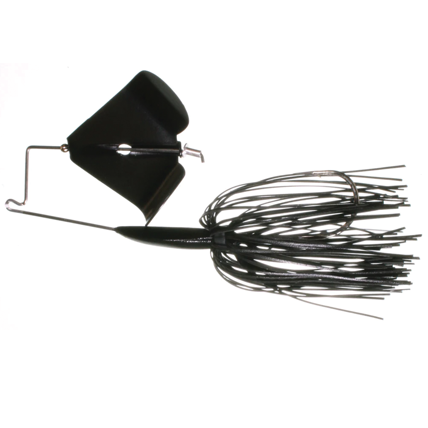 Boogerman Buzzbait fishing lure with a black propeller blade and silicone skirt designed for musky fishing tackle.