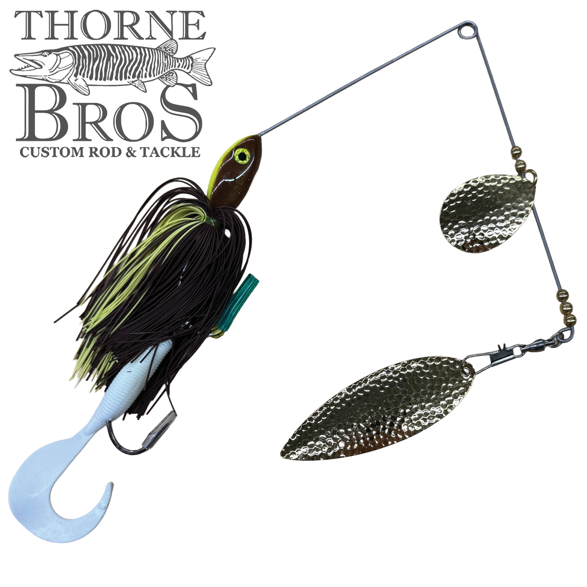 Ace Baits Monster Spinnerbait with black and chartreuse skirt blue soft plastic trailer and twin hammered silver blades for musky fishing tackle