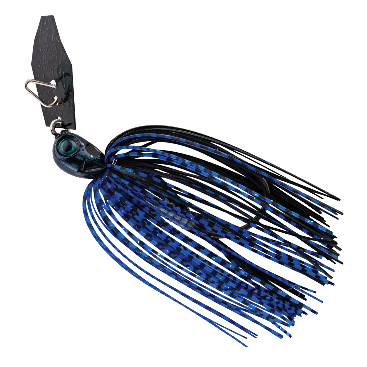 Z-Man Chatterbait Elite Evo HD fishing lure with a blue and black skirt, black blade, and detailed eye for attracting fish, designed for advanced fishing tackle use.