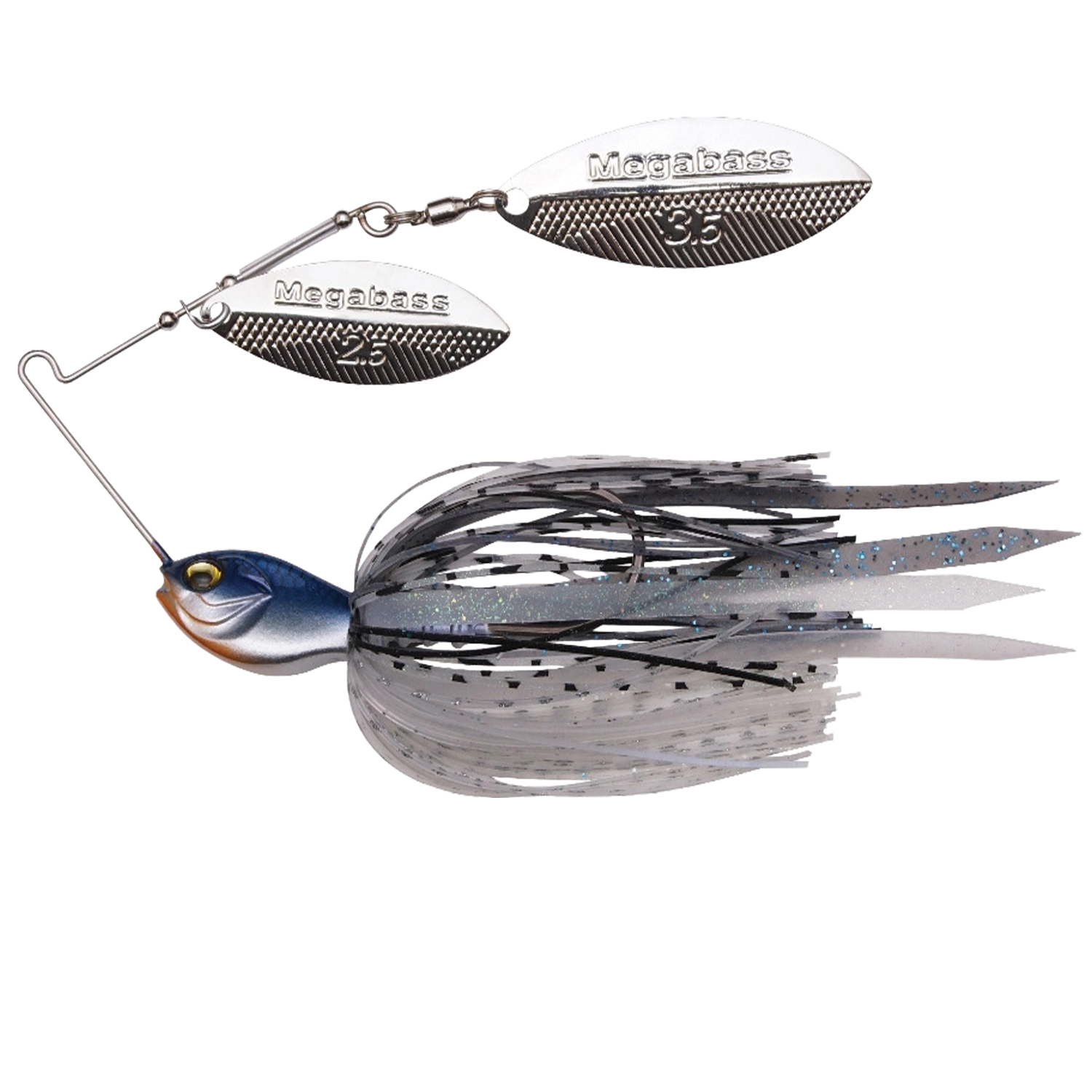 Megabass SV3 Spinnerbait (DW) featuring a detailed fish-shaped head, dual silver spinner blades marked 3.5 and 2.5, and a black, white, and gray skirt with blue speckles for fishing tackle use.