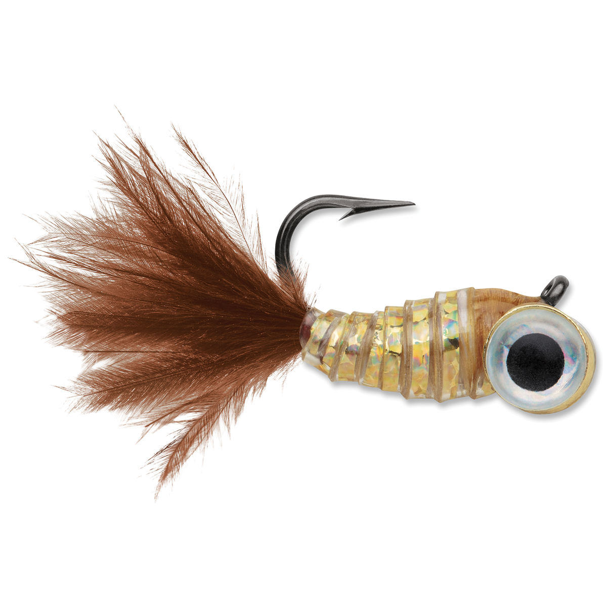 VMC Tungsten Gym Jig with brown feather tail segmented translucent body oversized eye and exposed hook for fishing tackle and lure presentation